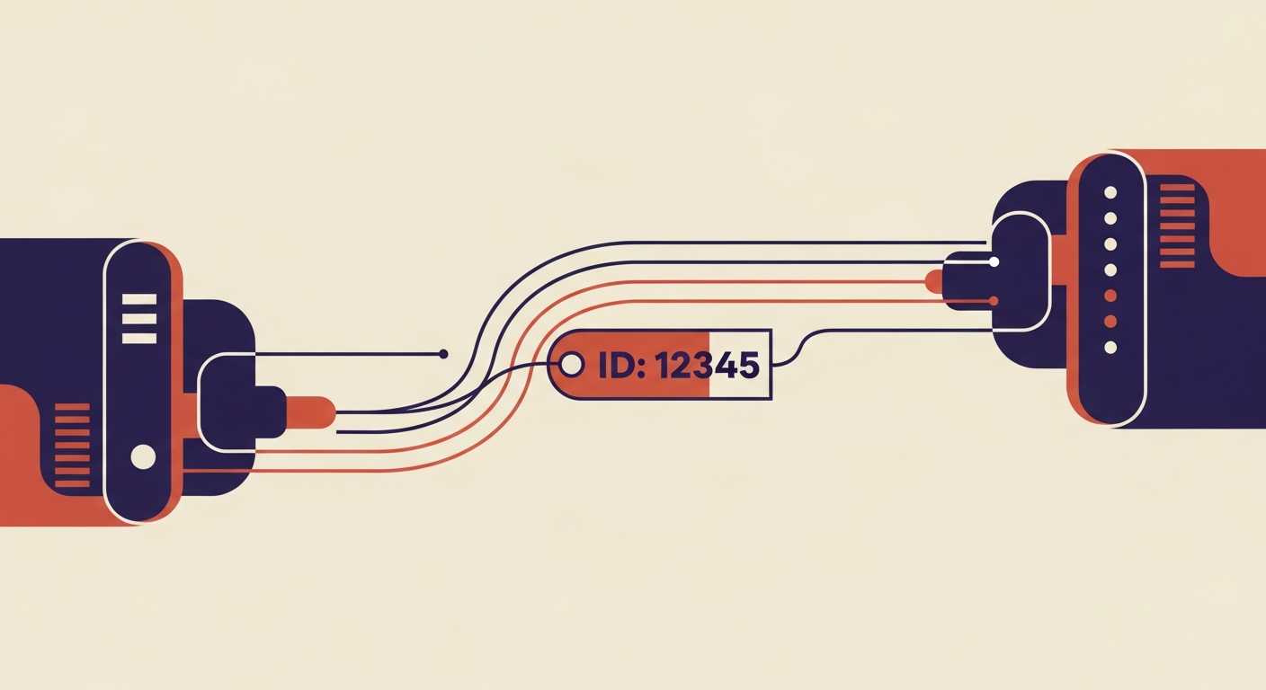 Stylized illustration of email servers communicating securely, highlighting an ID tag.