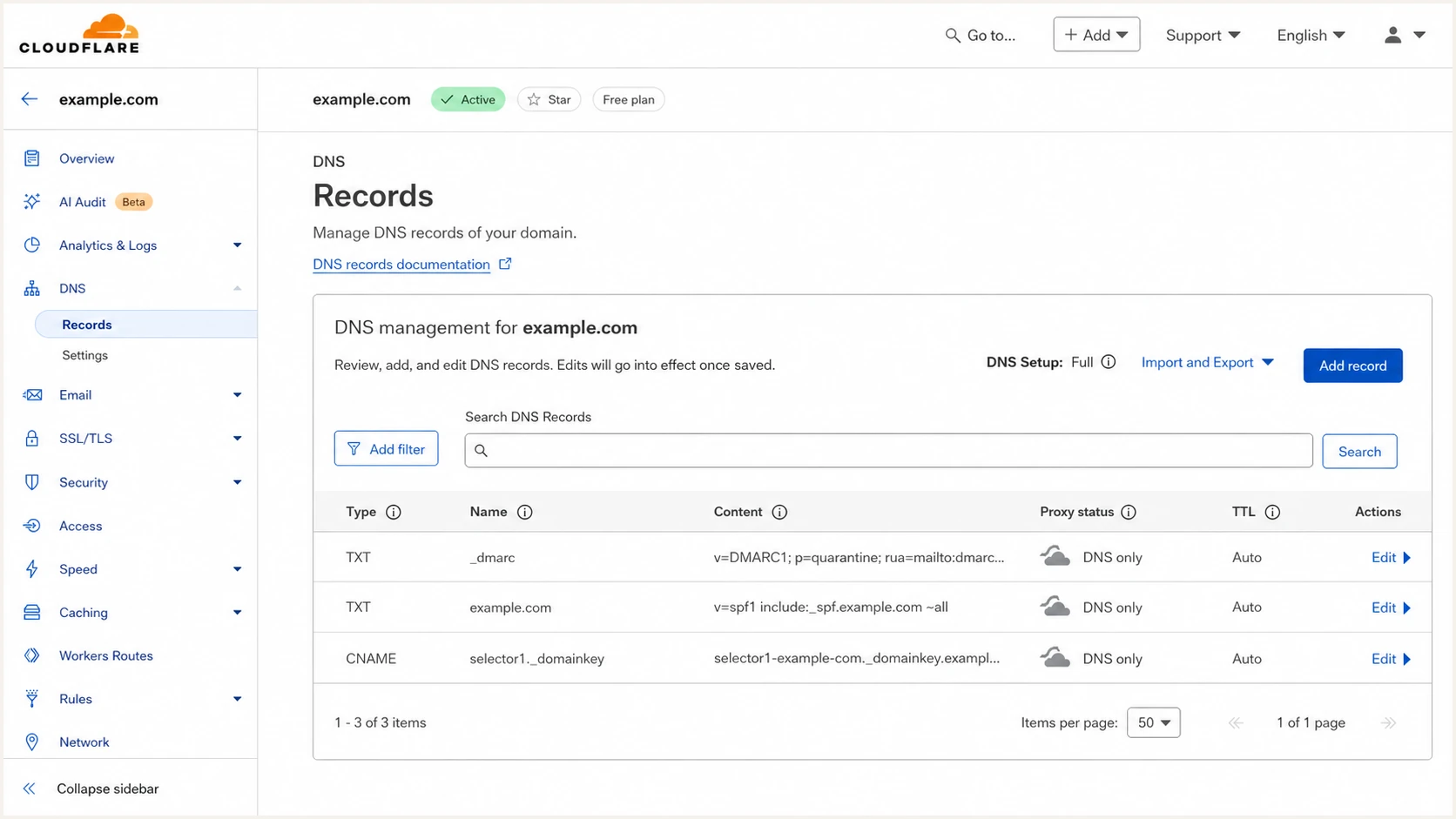 Cloudflare DNS records screen showing DMARC, SPF, and DKIM entries.