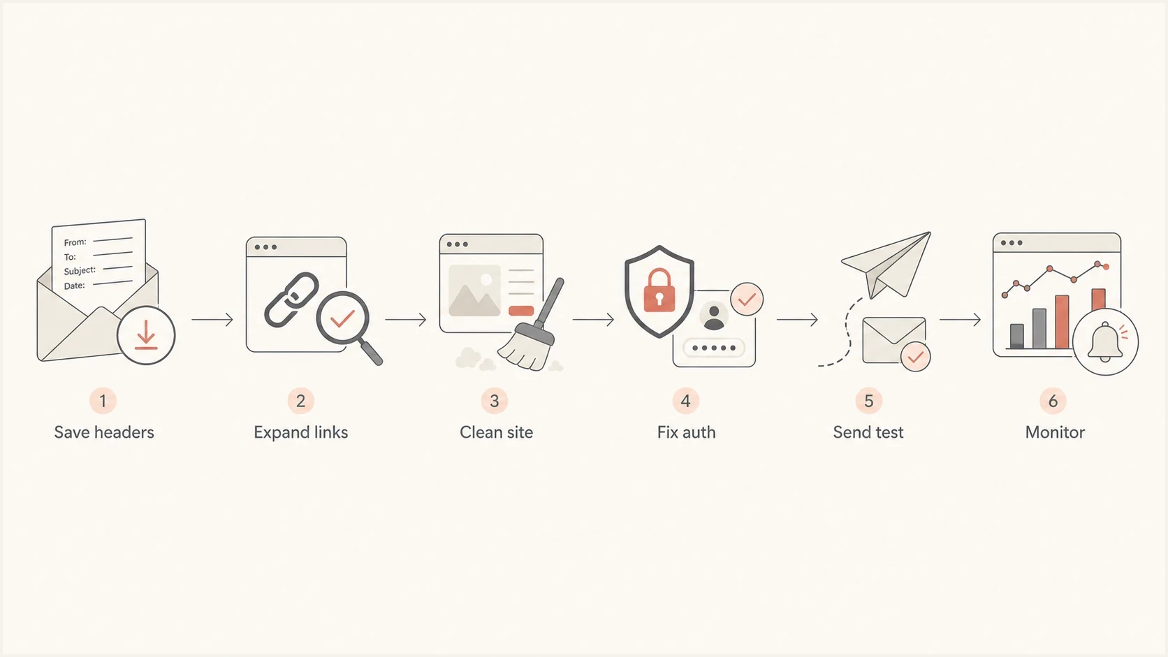 Cleanup flow: save headers, expand links, clean site, fix authentication, send test, monitor.