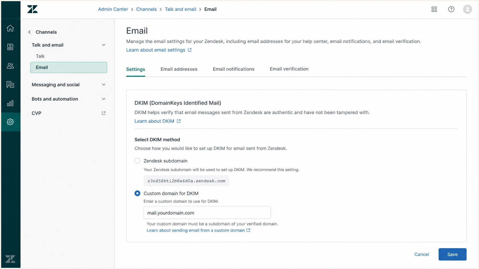 Zendesk Custom domain for DKIM setting enabled