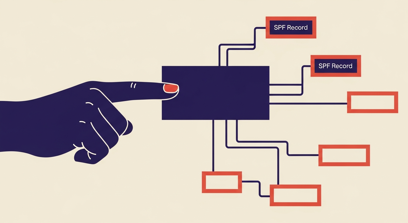 Illustration showing a main domain and several subdomains, some with SPF records and some without, representing how SPF policies are not inherited by default.
