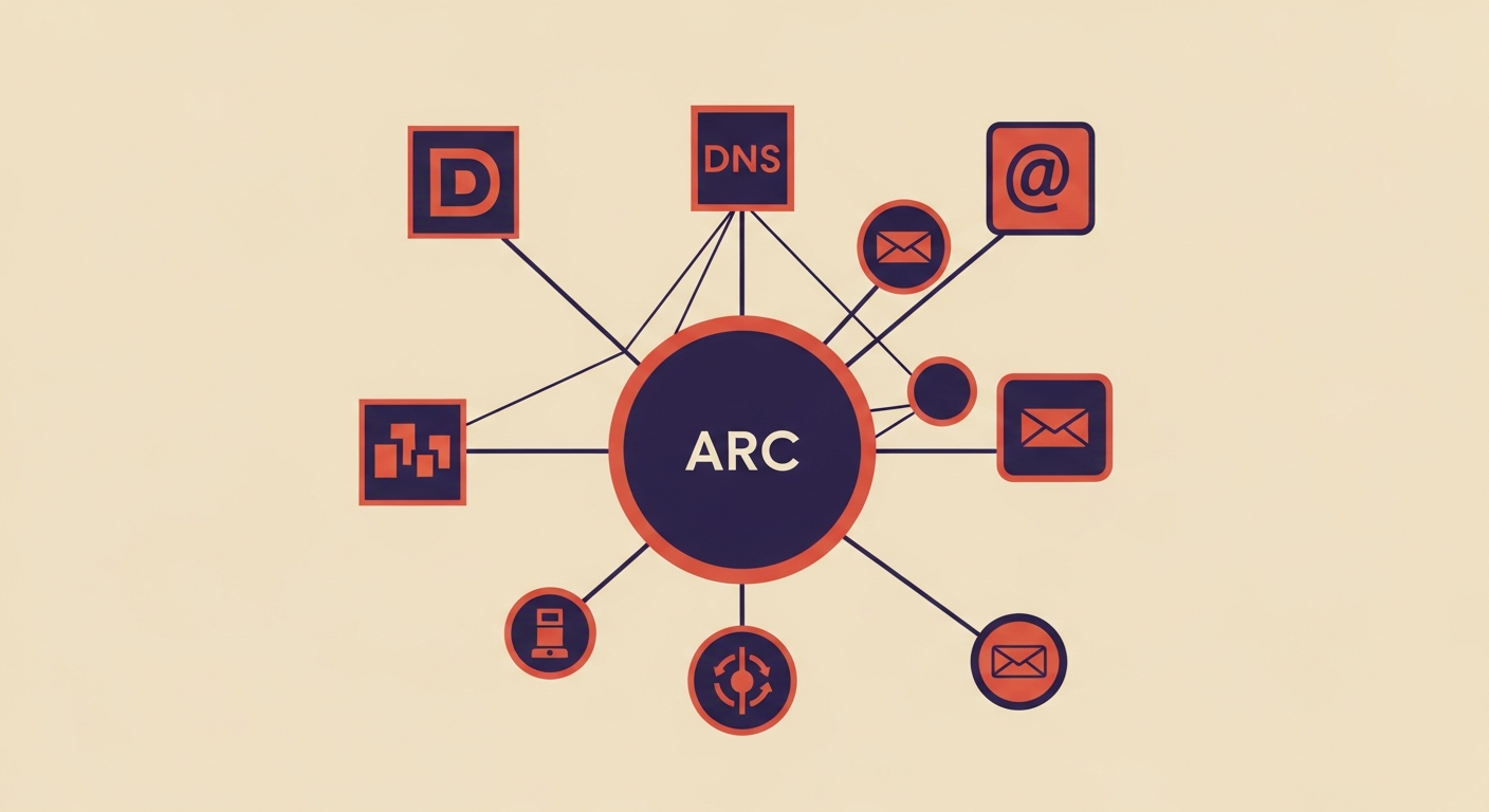 An illustration depicting the interconnected network of DNS servers and email systems that ARC relies on for authentication.