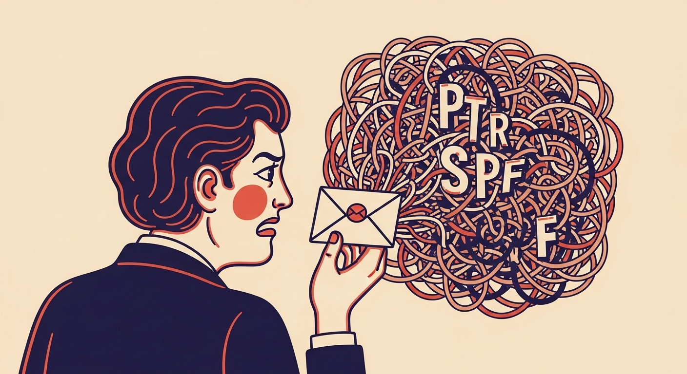 A frustrated email sender looking at a complex, tangled web of DNS records, illustrating the difficulties with the SPF ptr mechanism.