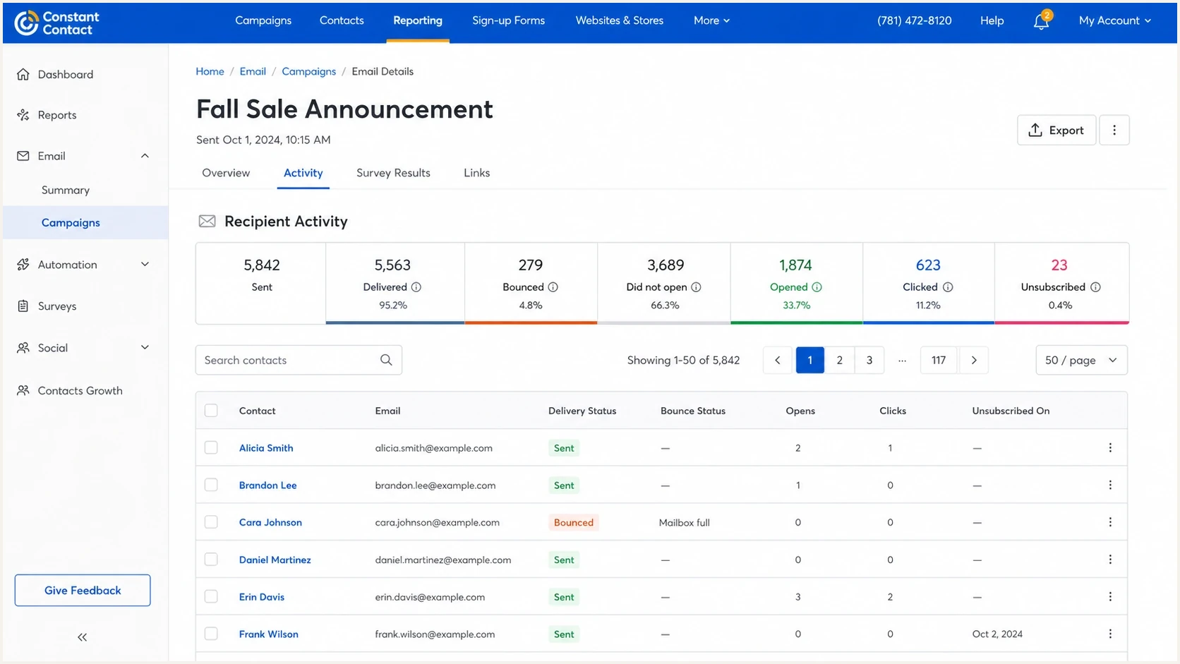 Constant Contact reporting view for checking whether a subscriber was included in a send.