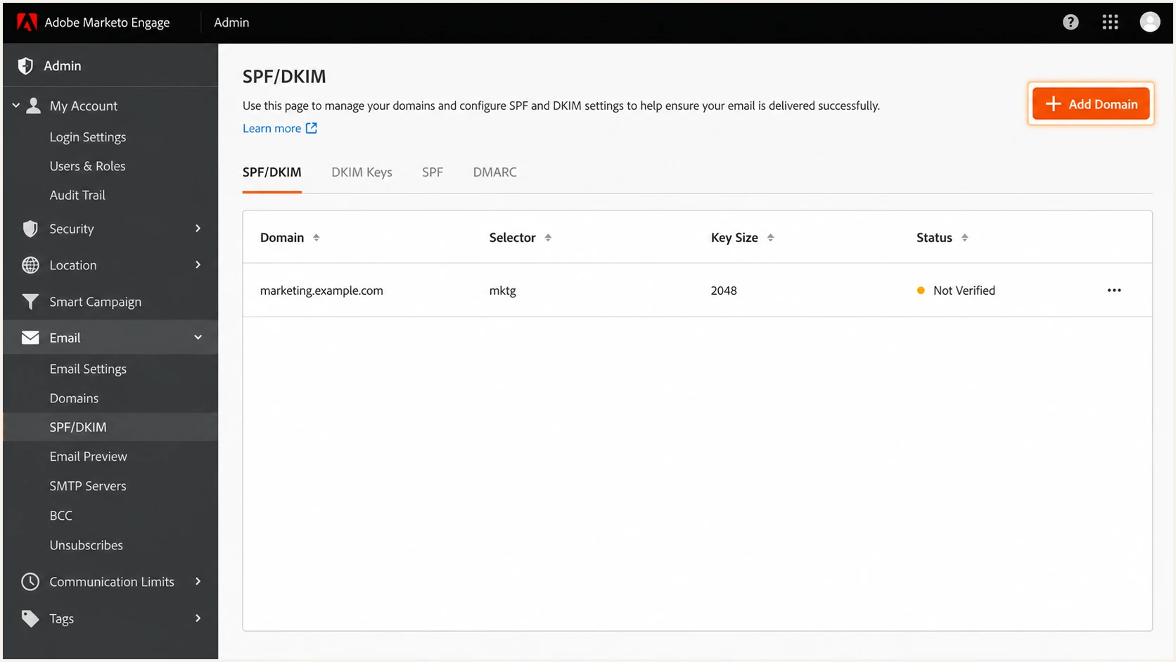 Adobe Marketo Engage SPF/DKIM tab with the Add Domain control.