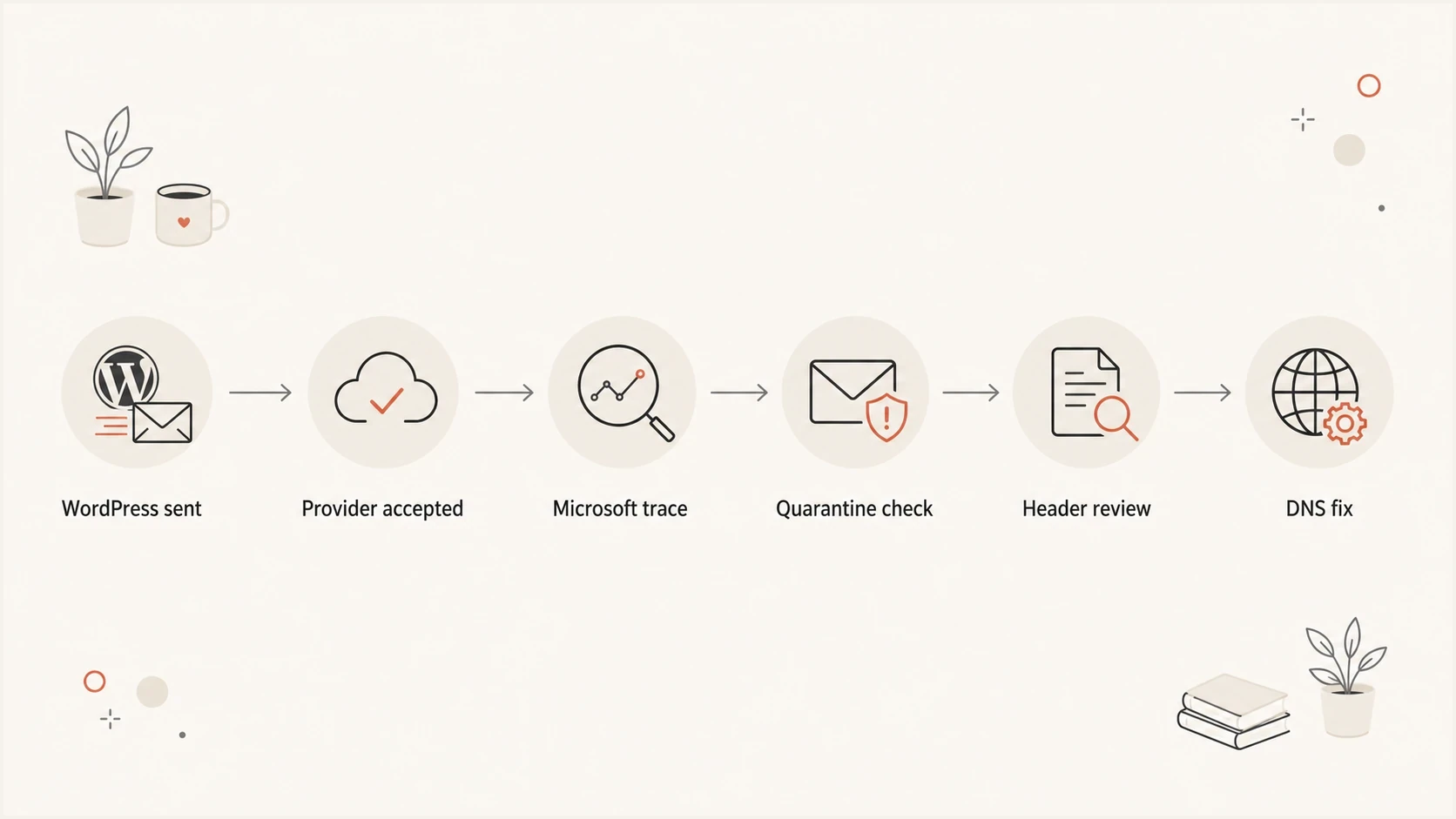 Troubleshooting path for WordPress email delivery to Outlook.
