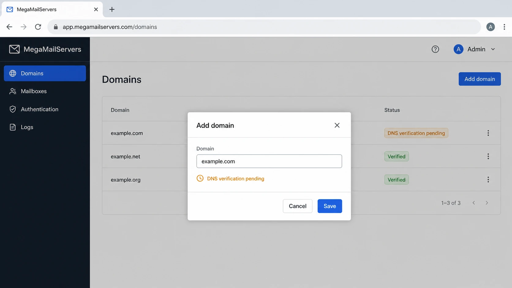 MegaMailServers domain administration screen with an Add domain dialog