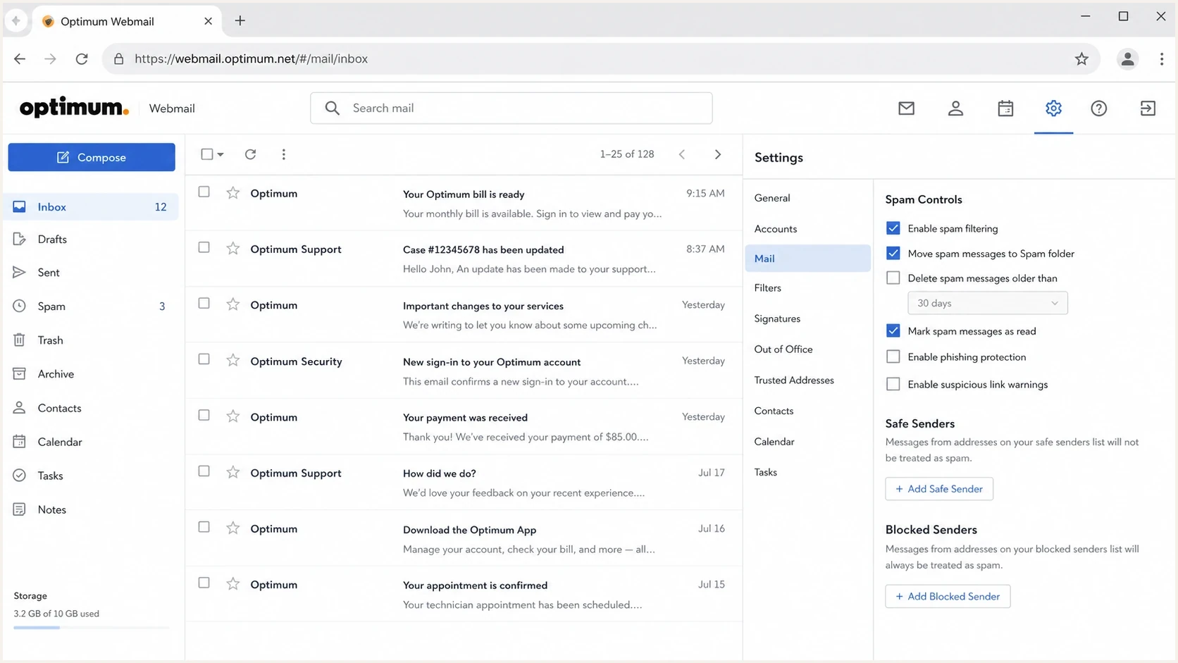 Optimum Webmail screen with inbox, spam folder, and spam controls.