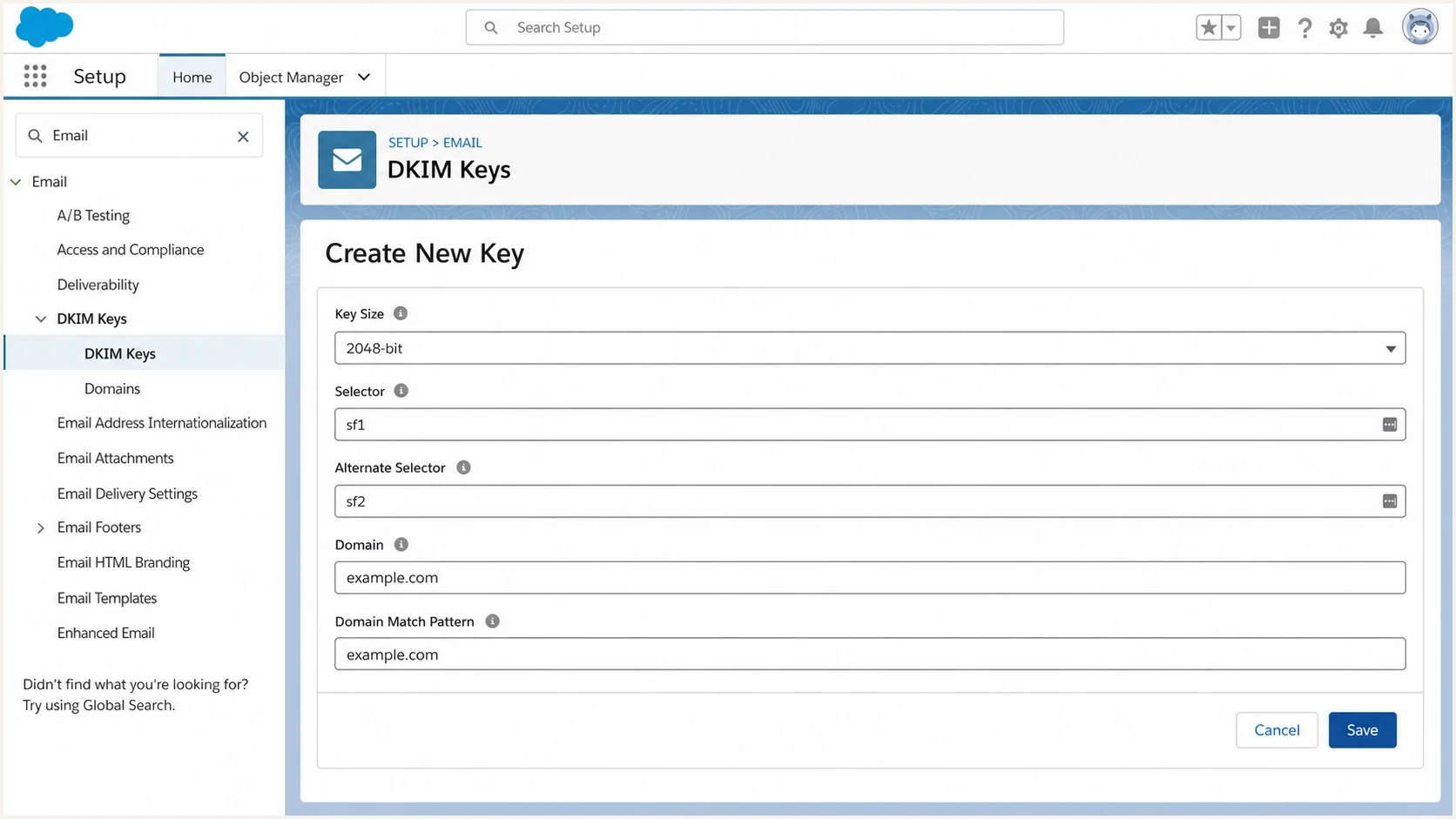 Salesforce DKIM Keys setup screen with selector, alternate selector, domain, and domain match fields.