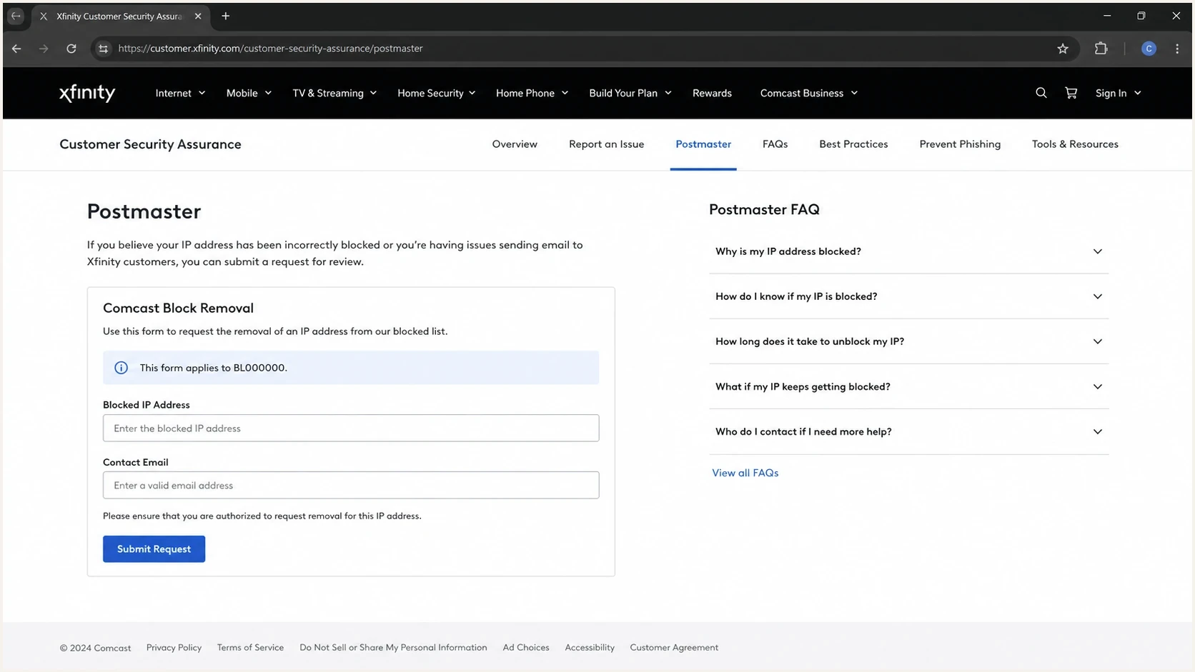 Xfinity Customer Security Assurance Postmaster page showing a BL000000 block removal form.