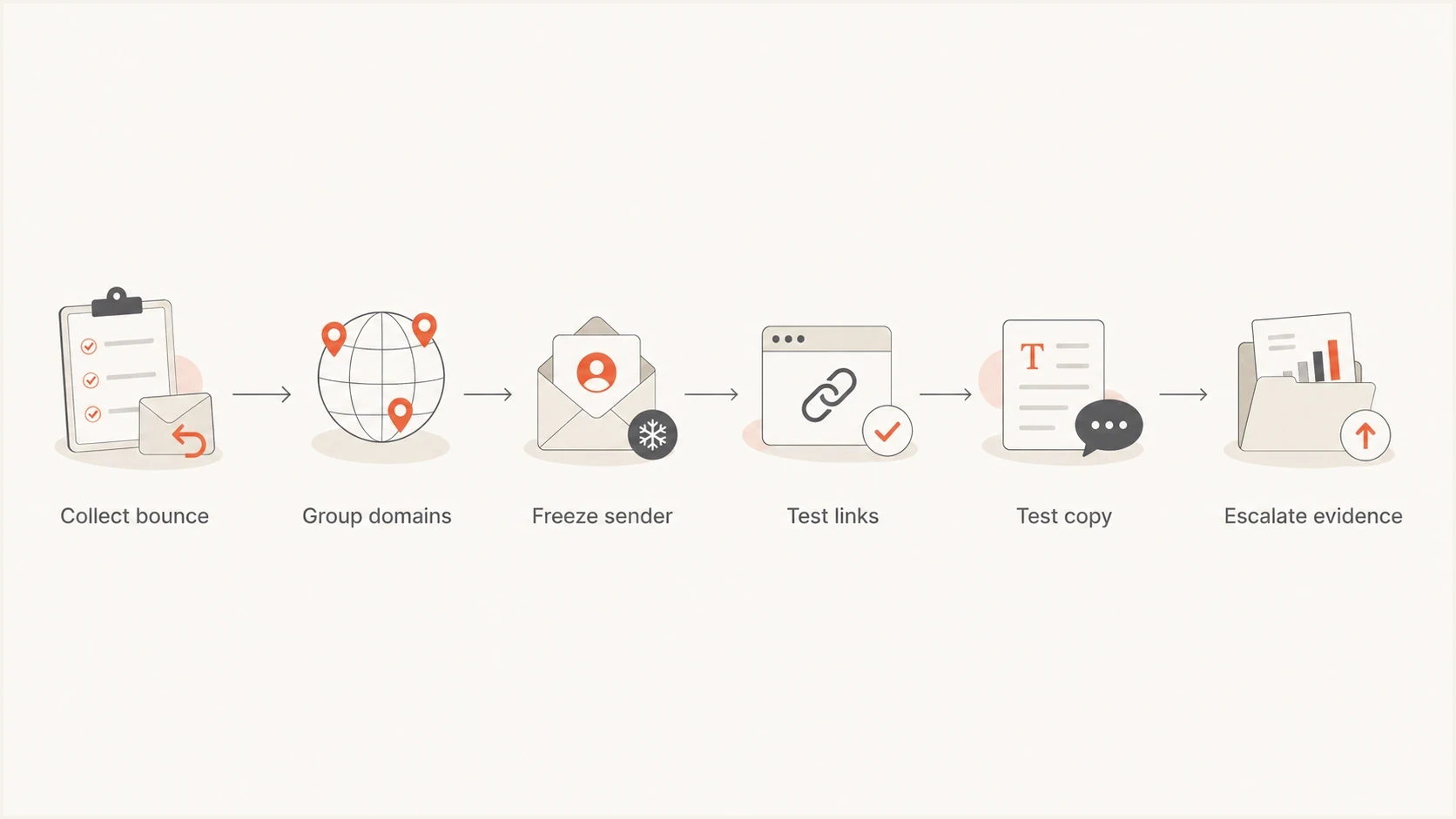 Content block troubleshooting flow from SMTP evidence collection through provider escalation.