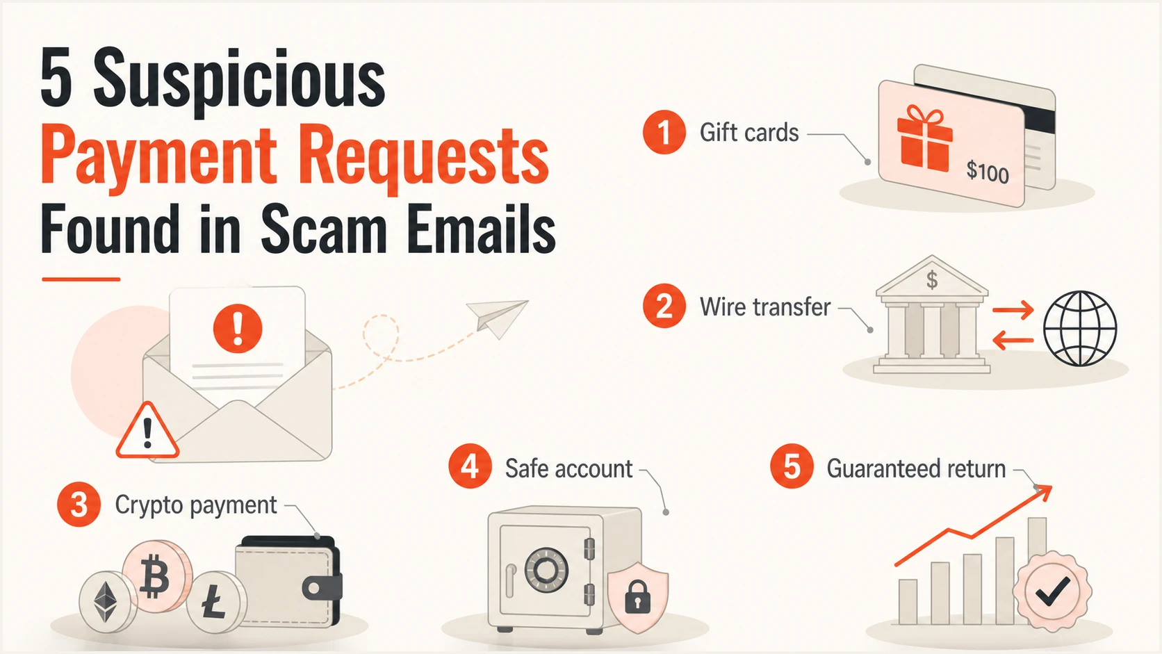 Five payment requests that commonly signal an email scam.