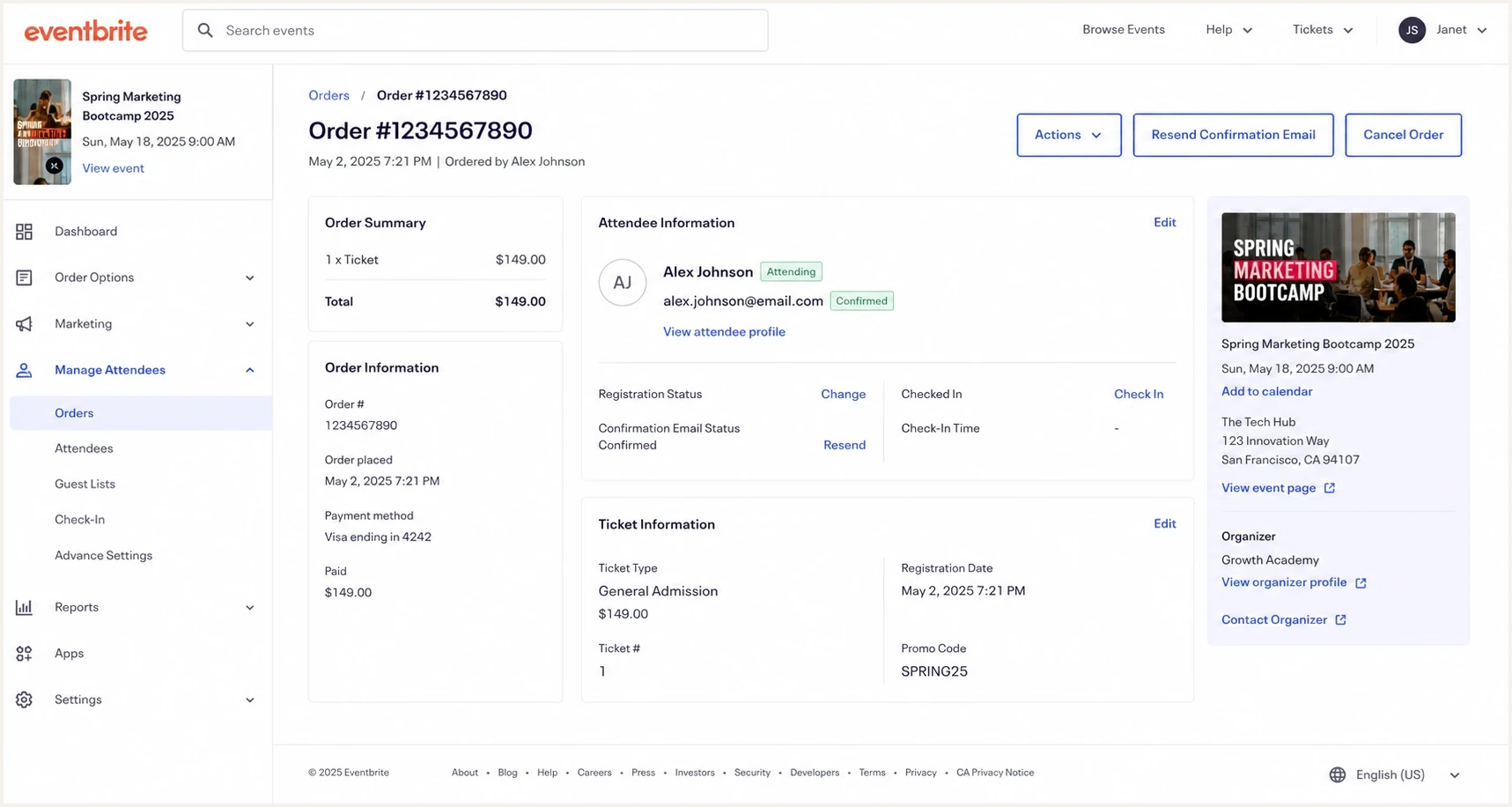 Eventbrite attendee registration screen showing a confirmed registration.
