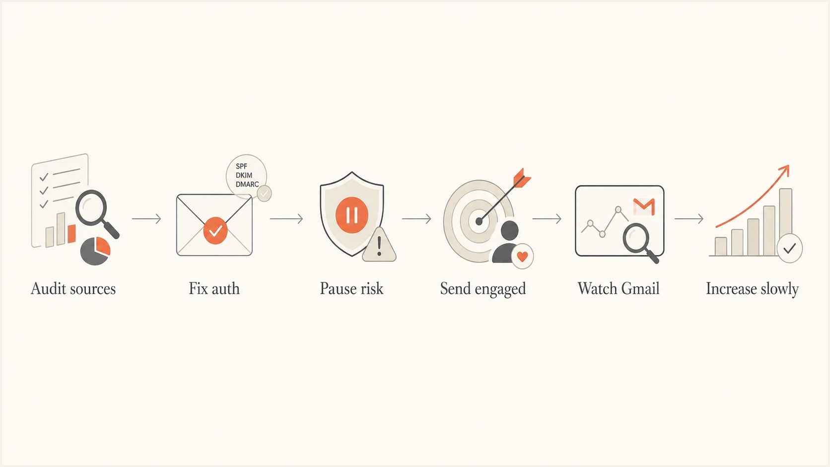 Six-step Gmail domain reputation recovery flowchart.