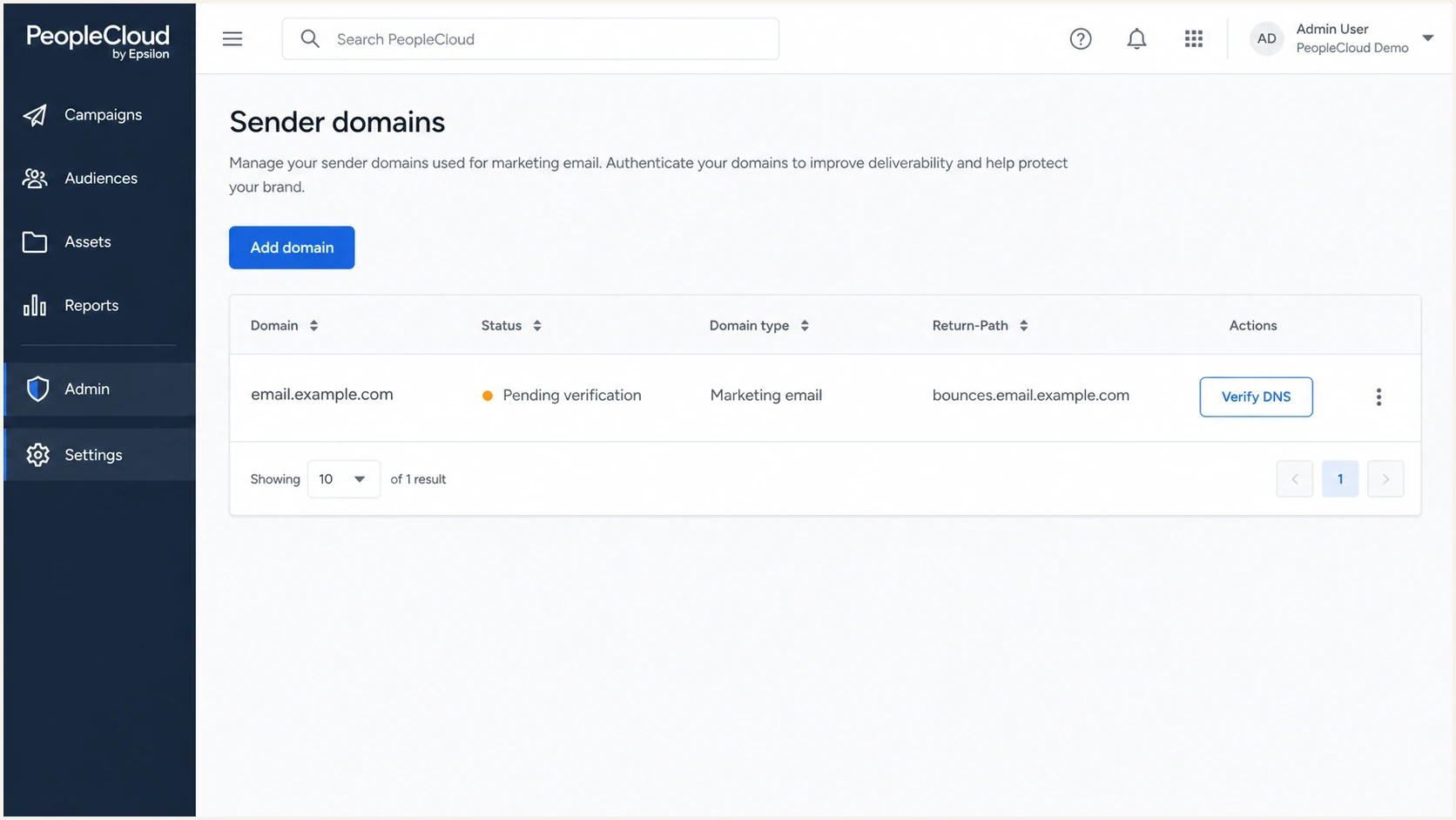 Epsilon sender domain settings with a pending domain verification row.