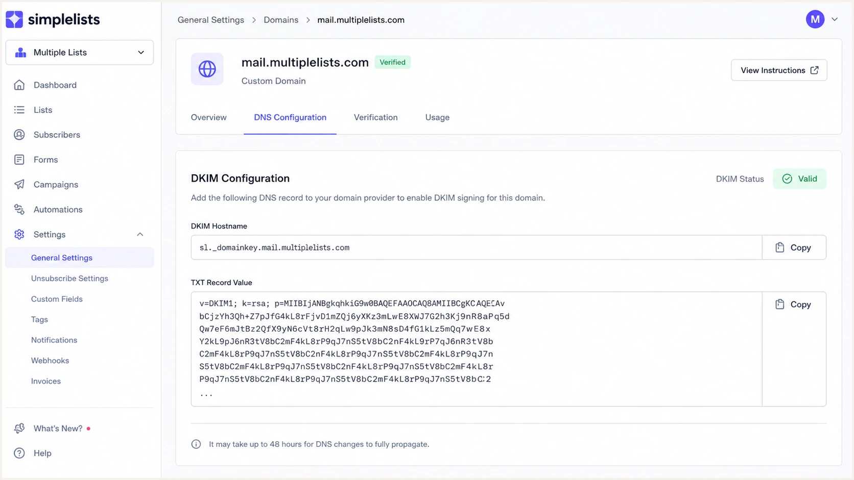 Simplelists DKIM DNS instructions for a custom domain