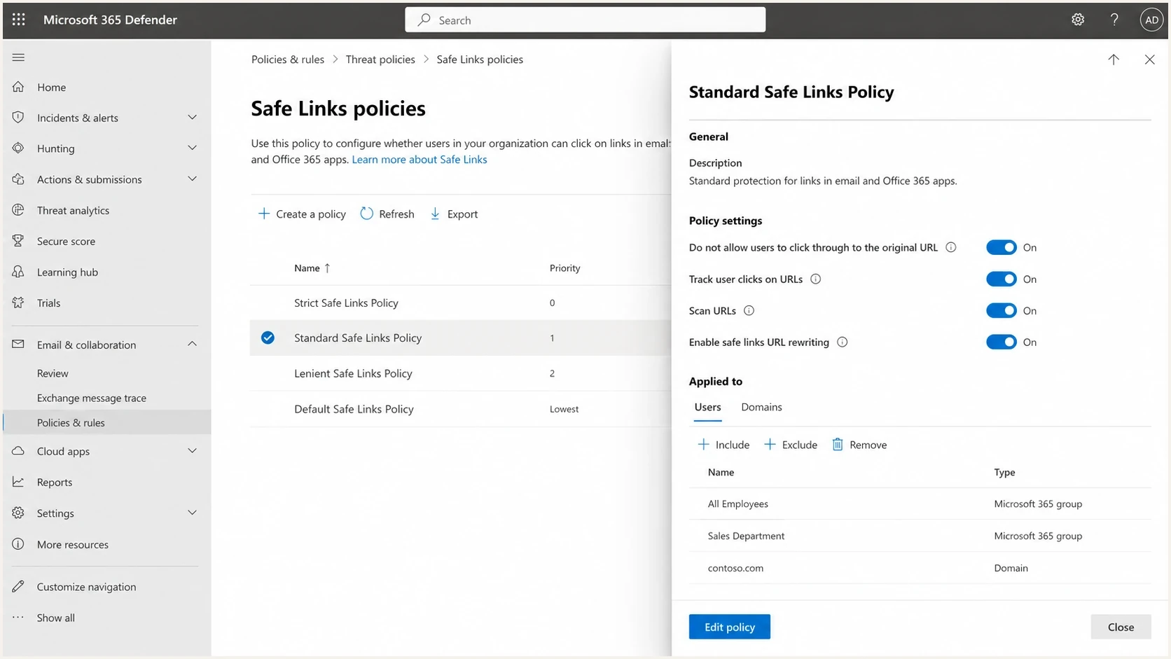 Microsoft Defender for Office 365 Safe Links policy screen.