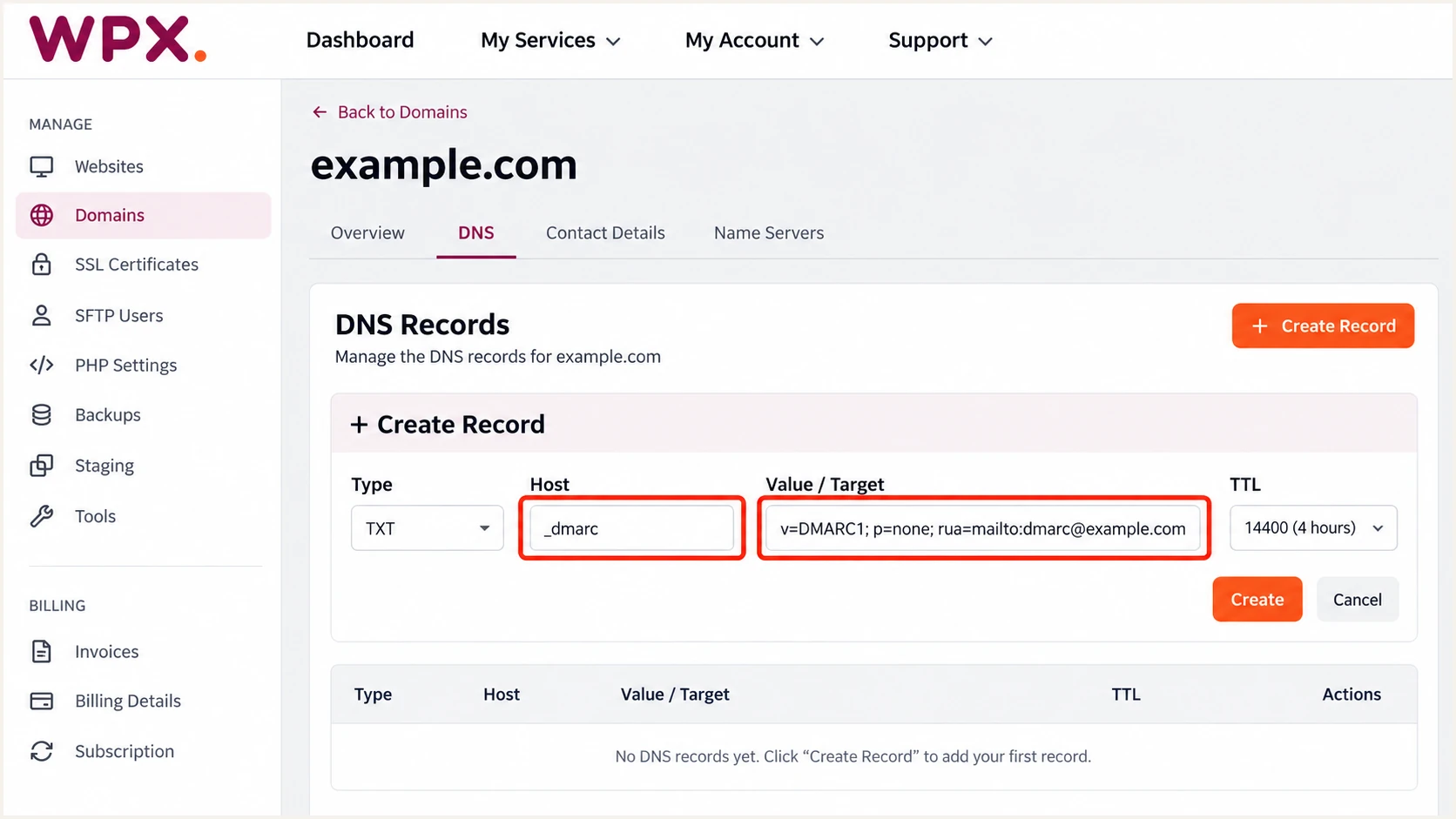 Illustrative WPX DMARC form using a monitoring policy.