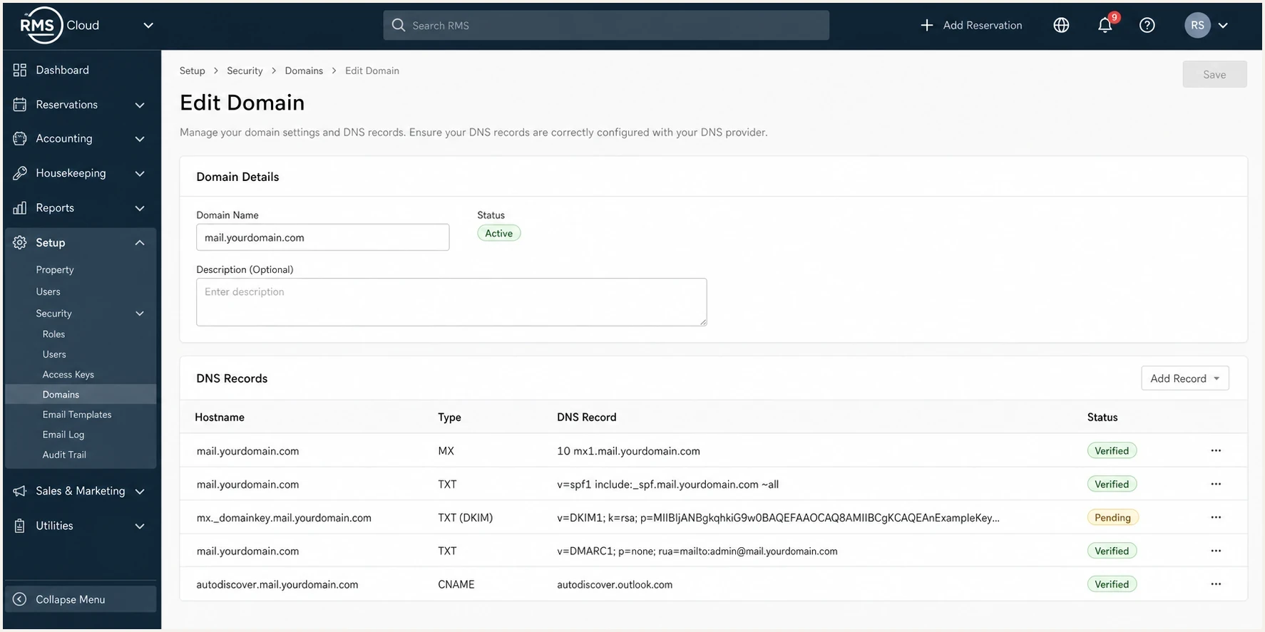 RMS Cloud Edit Domain screen showing DKIM DNS records to copy.