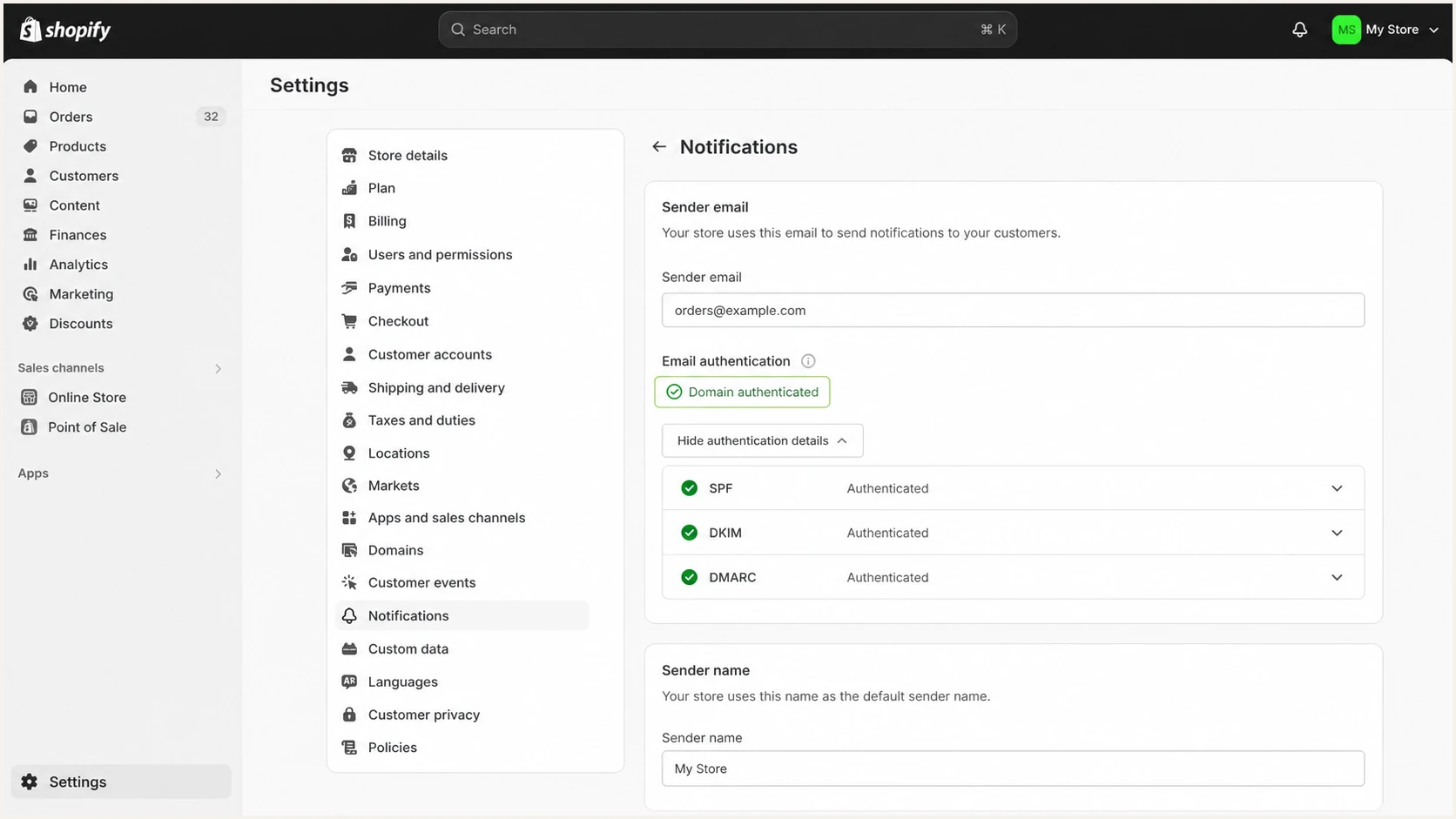 Shopify Sender email showing an authenticated domain status