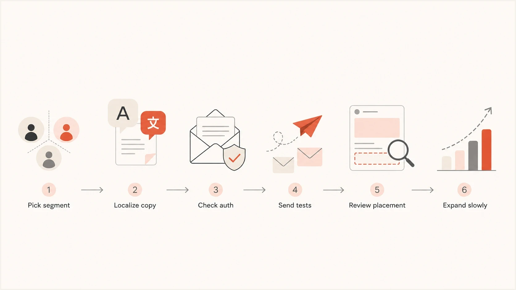Multilingual email testing flow from audience segment to gradual rollout.