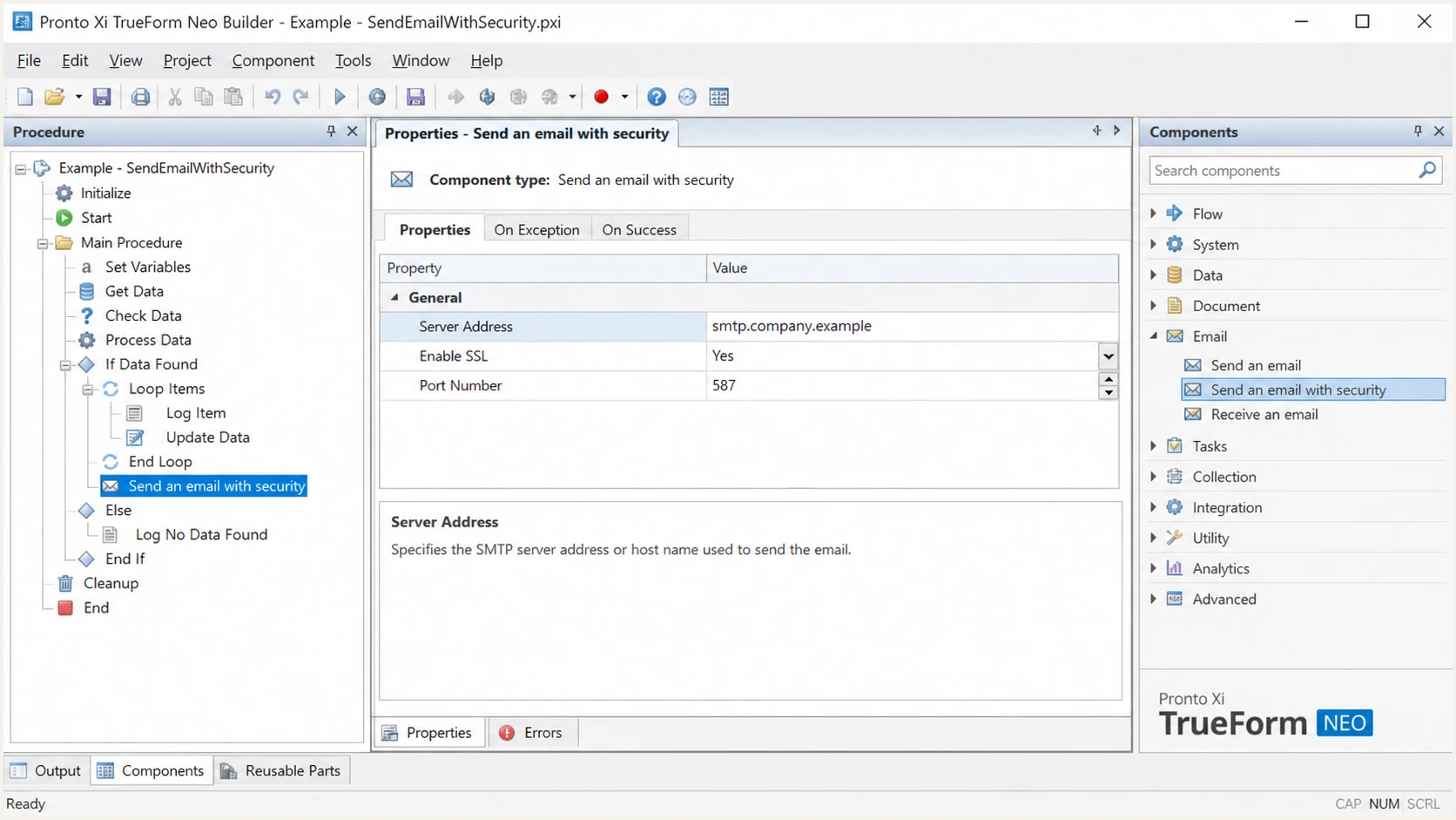 Pronto Xi TrueForm Neo outbound SMTP settings