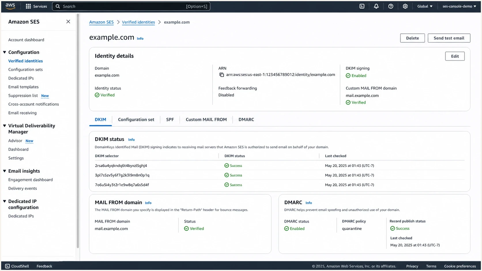 Amazon SES console showing a verified domain identity with DKIM and MAIL FROM status.