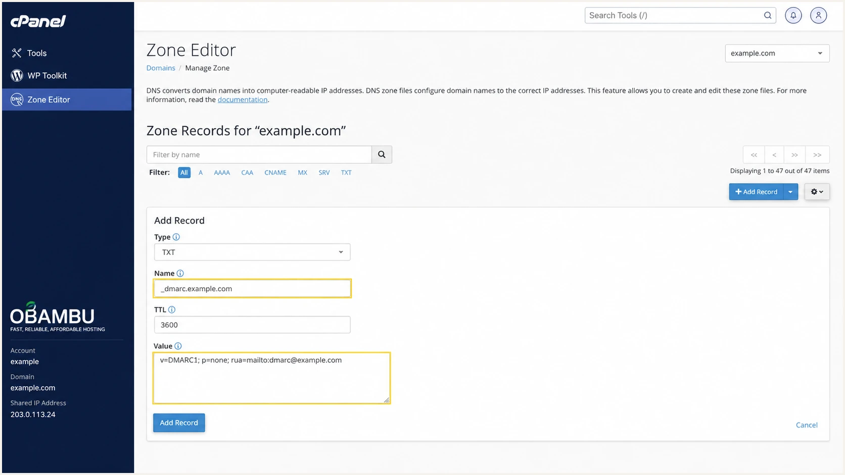 Obambu cPanel Zone Editor with a starter DMARC TXT record