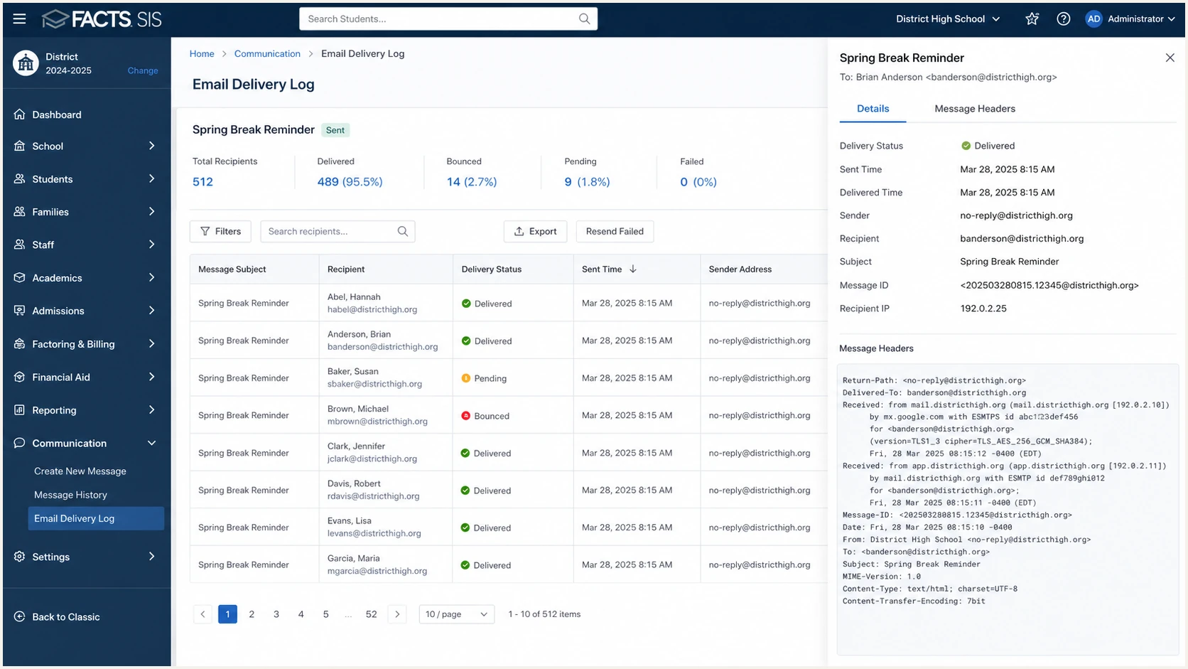 FACTS SIS communication log used to verify an authenticated test email.