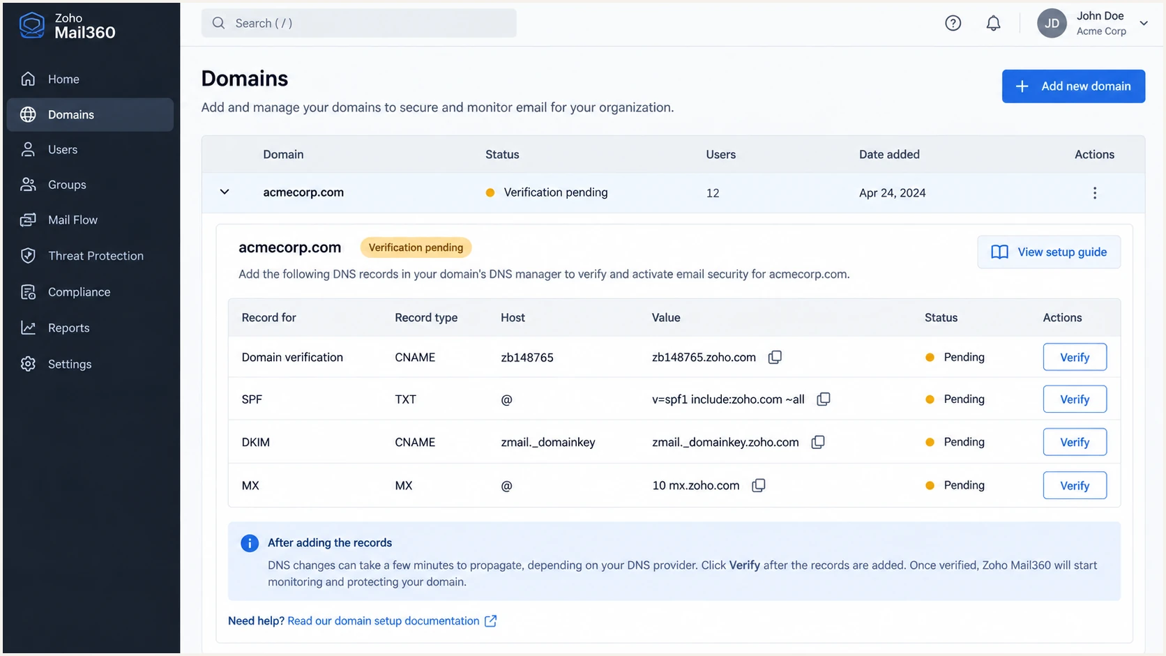 Zoho Mail360 Domains page with DNS verification records