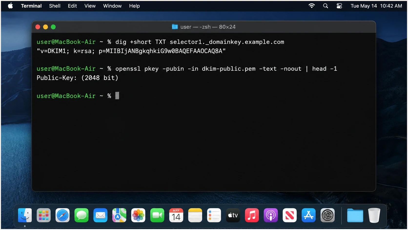 Apple Terminal showing OpenSSL output for a 2048-bit DKIM public key.