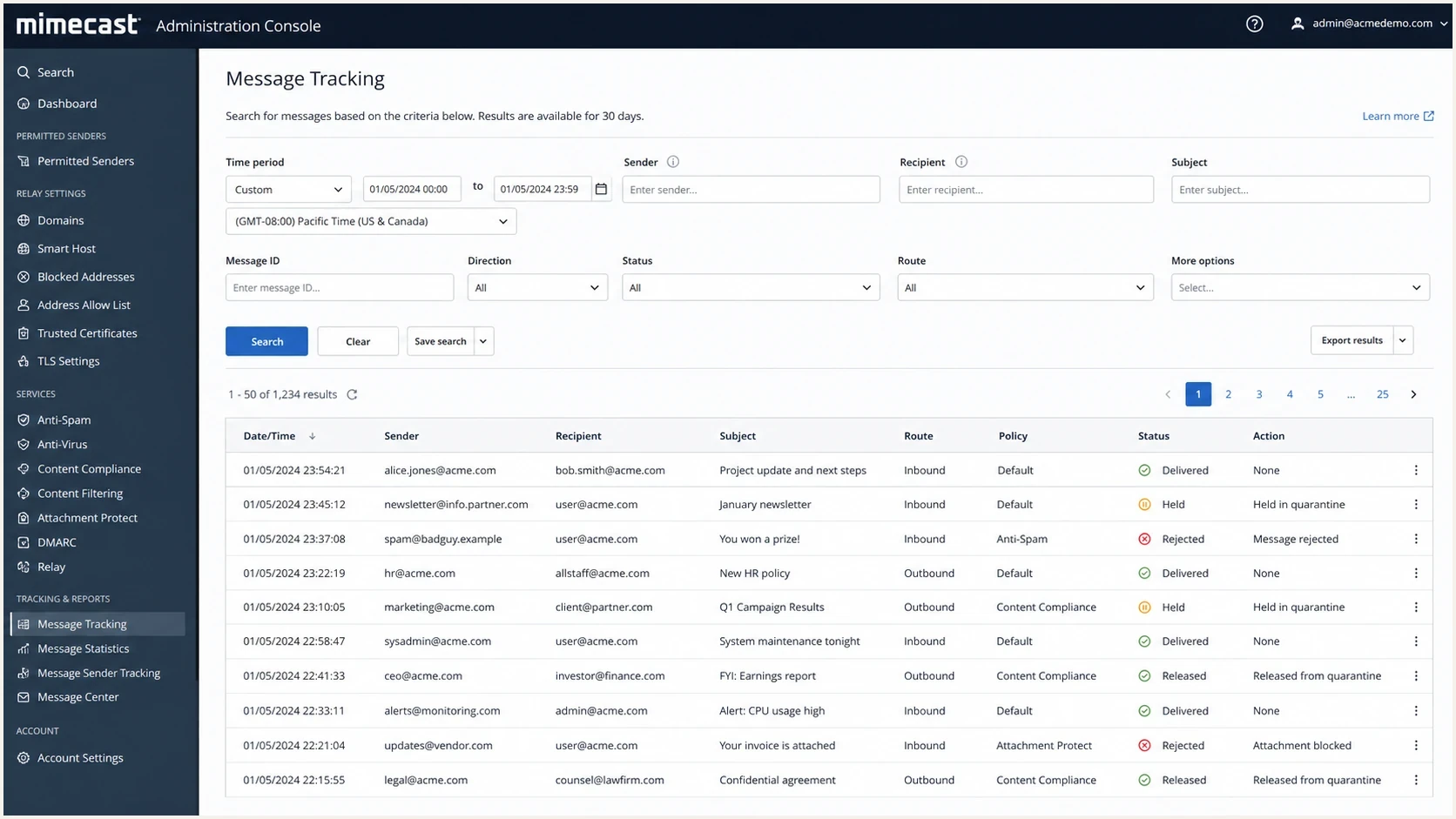 Mimecast administration screen showing message tracking and held mail status.