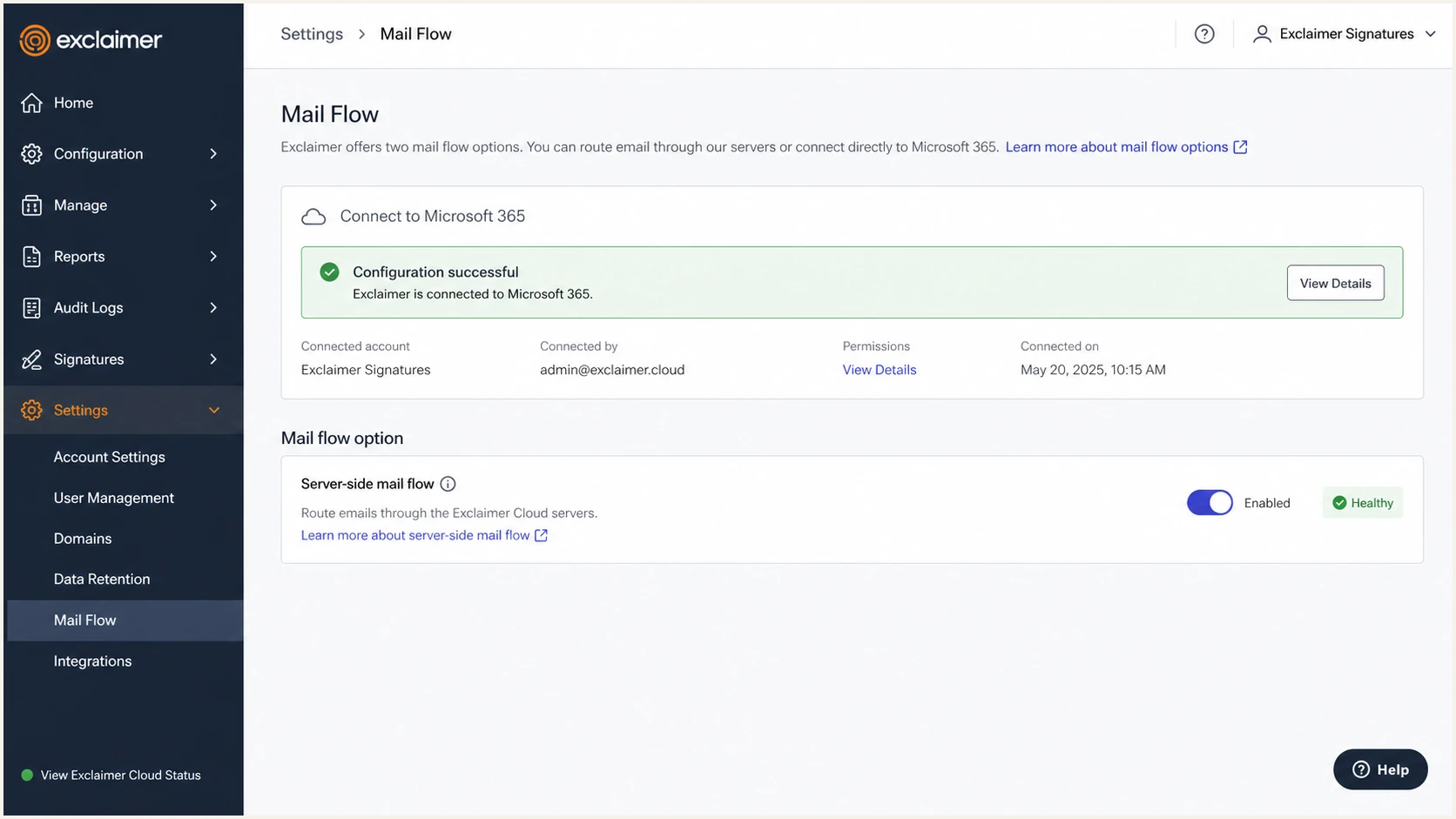 Exclaimer Mail Flow screen showing a successful server-side connection