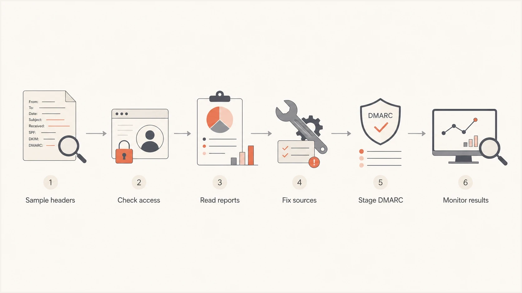 Flowchart showing sample headers, access checks, reports, source fixes, DMARC staging, and monitoring.