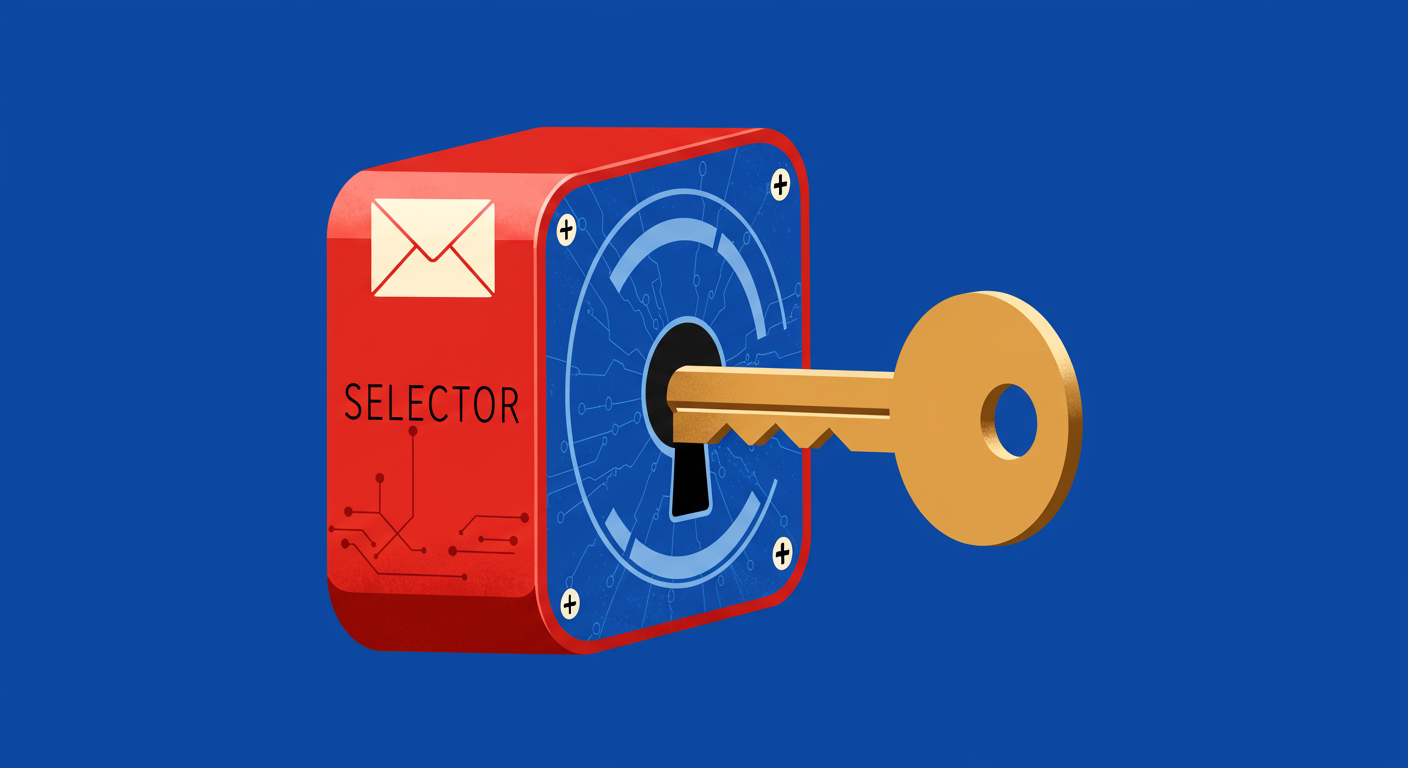 An abstract illustration of a key labeled 'selector' fitting into a complex digital lock mechanism, representing email authentication. The style of the images should be A minimalist retro illustration in the style of Malika Favre. Dominant colors are bright poppy red and deep royal blue. Vector art, high contrast. Do not put any words in the image or alphanumeric characters.