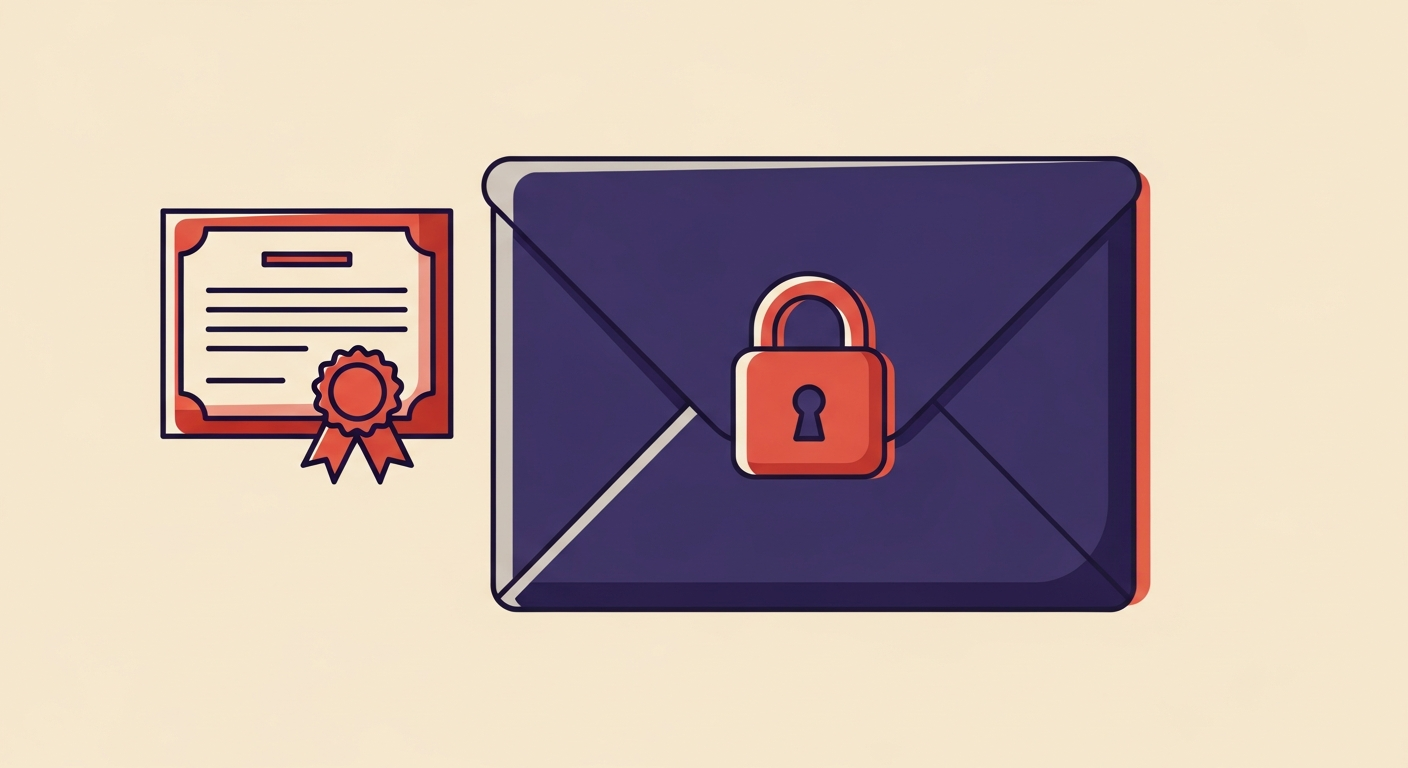 An email envelope with a lock and a floating certificate, symbolizing BIMI's security and brand verification.