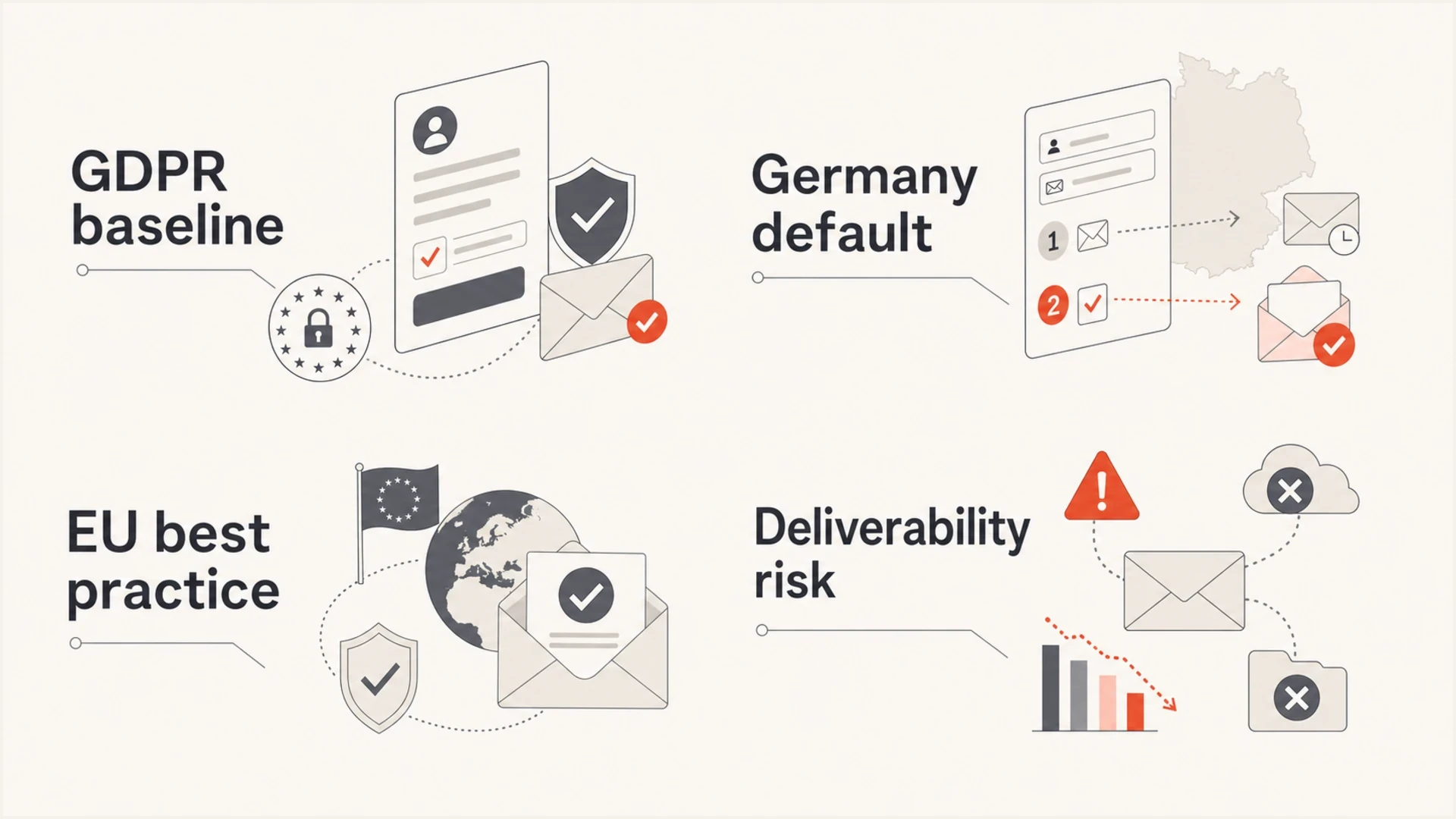 Infographic showing country risk for double opt-in email marketing under GDPR and deliverability best practices.