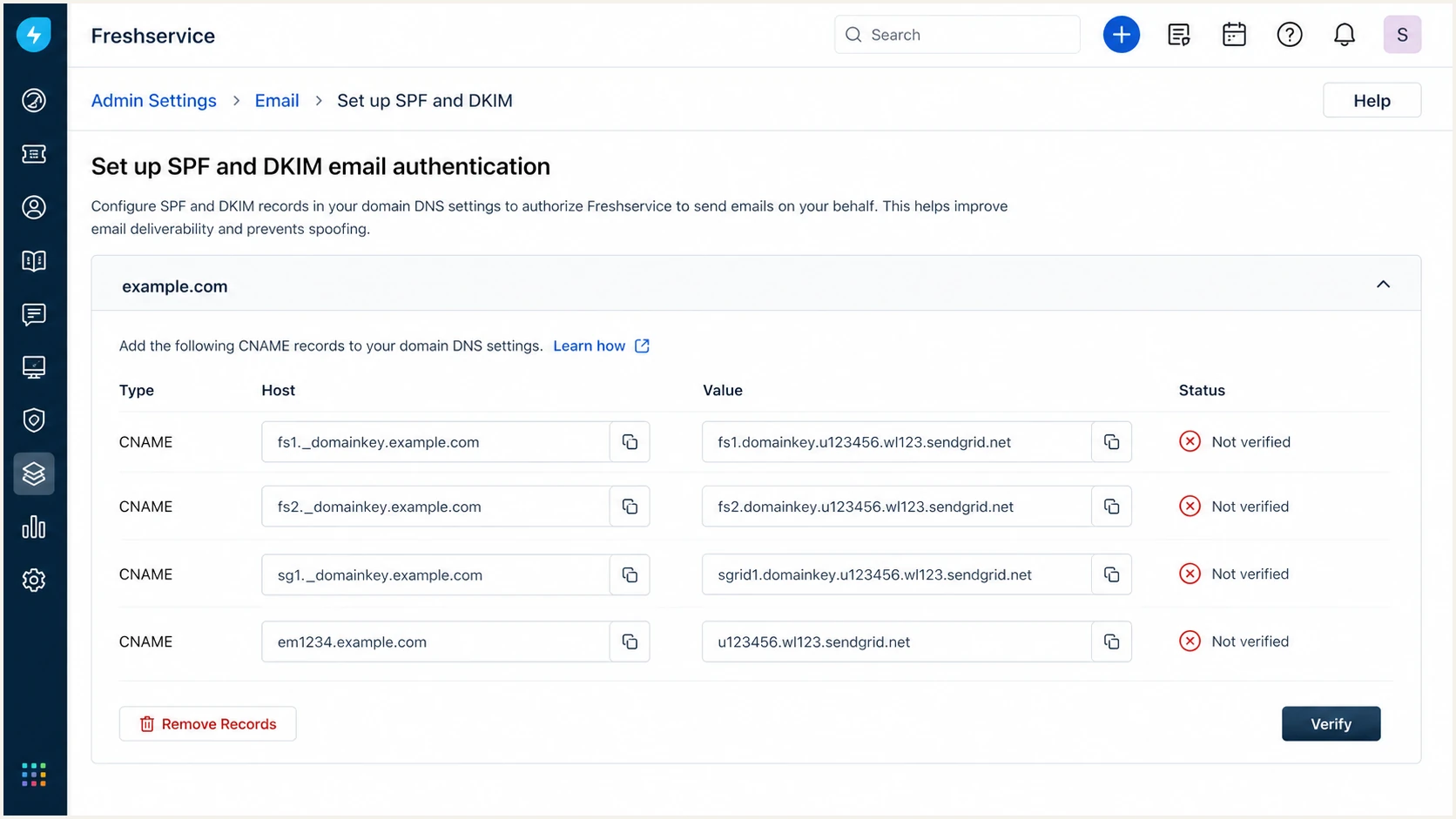 Freshservice generated CNAME records for SPF and DKIM authentication