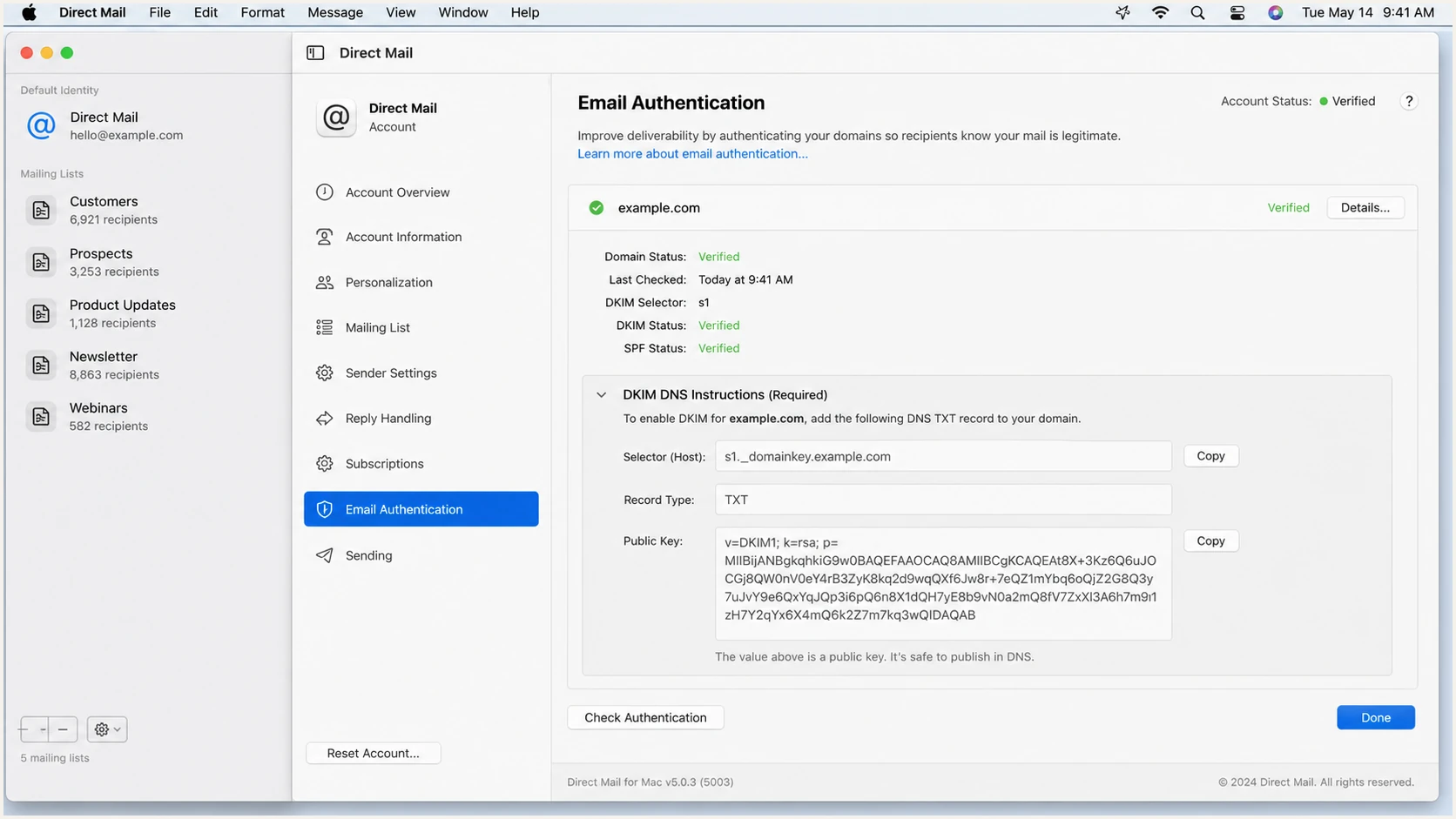 Direct Mail for Mac showing a DKIM DNS record for an authenticated domain.