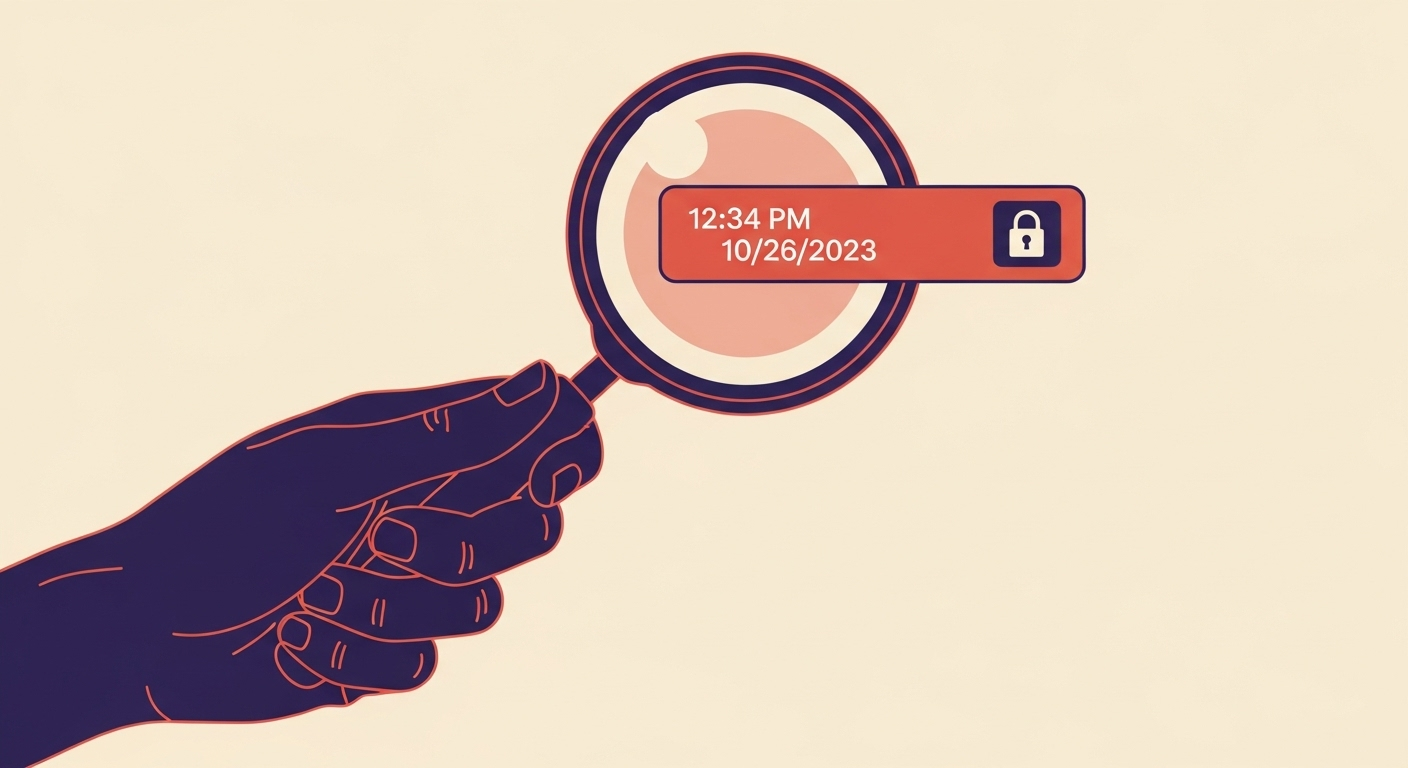 Magnifying glass inspecting a timestamp with a padlock, symbolizing DKIM verification