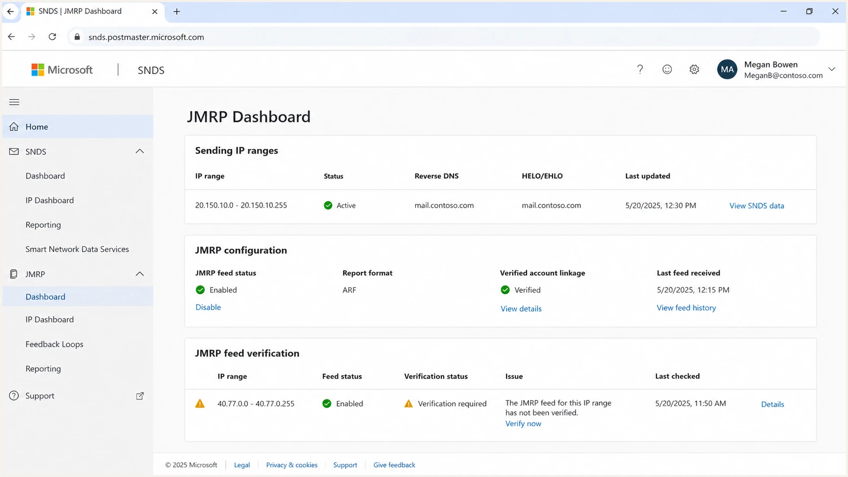 Microsoft SNDS and JMRP portal showing feed format and verification status