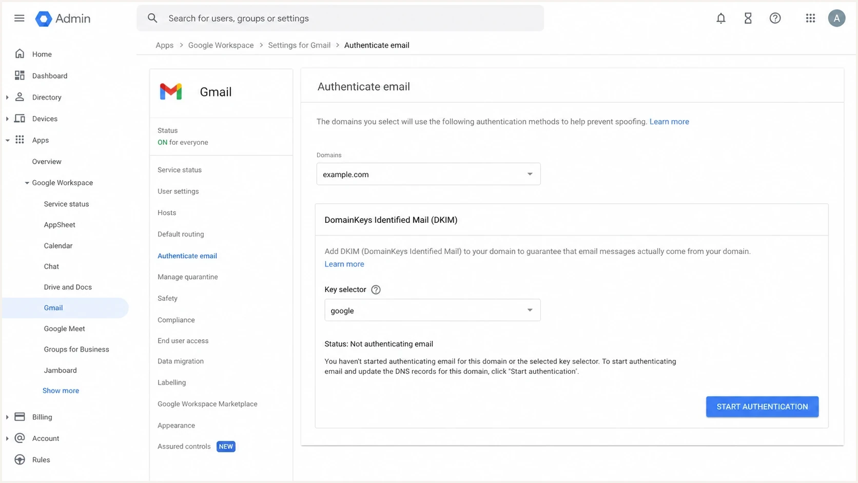 Google Admin console DKIM authentication screen used to check sender setup.