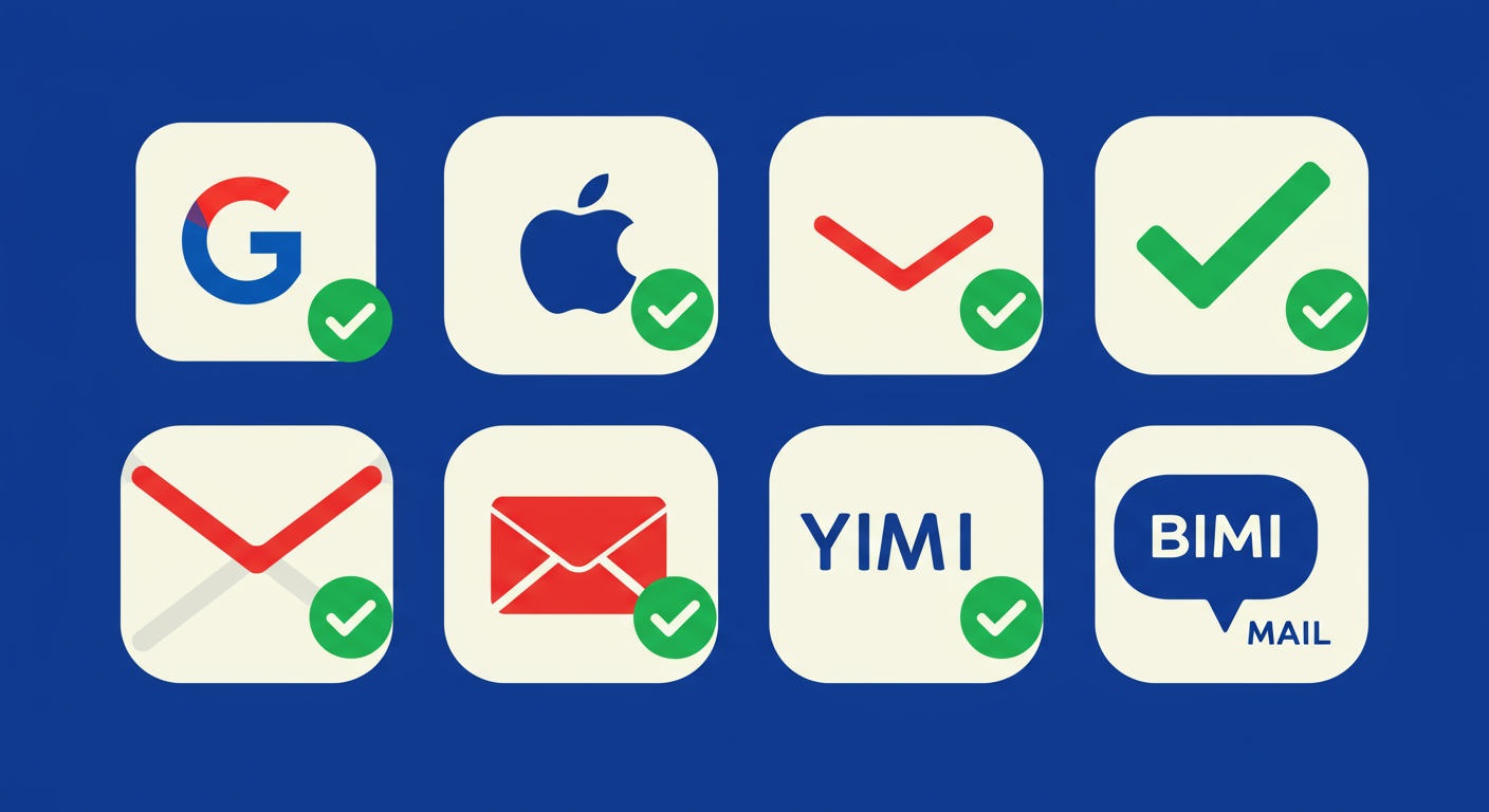 A minimalist illustration of various email provider logos, including Google and Apple, arranged in a grid with checkmarks next to them, signifying BIMI support. The style of the images should be A minimalist retro illustration in the style of Malika Favre. Dominant colors are bright poppy red and deep royal blue. Vector art, high contrast. Do not put any words in the image or alphanumeric characters.