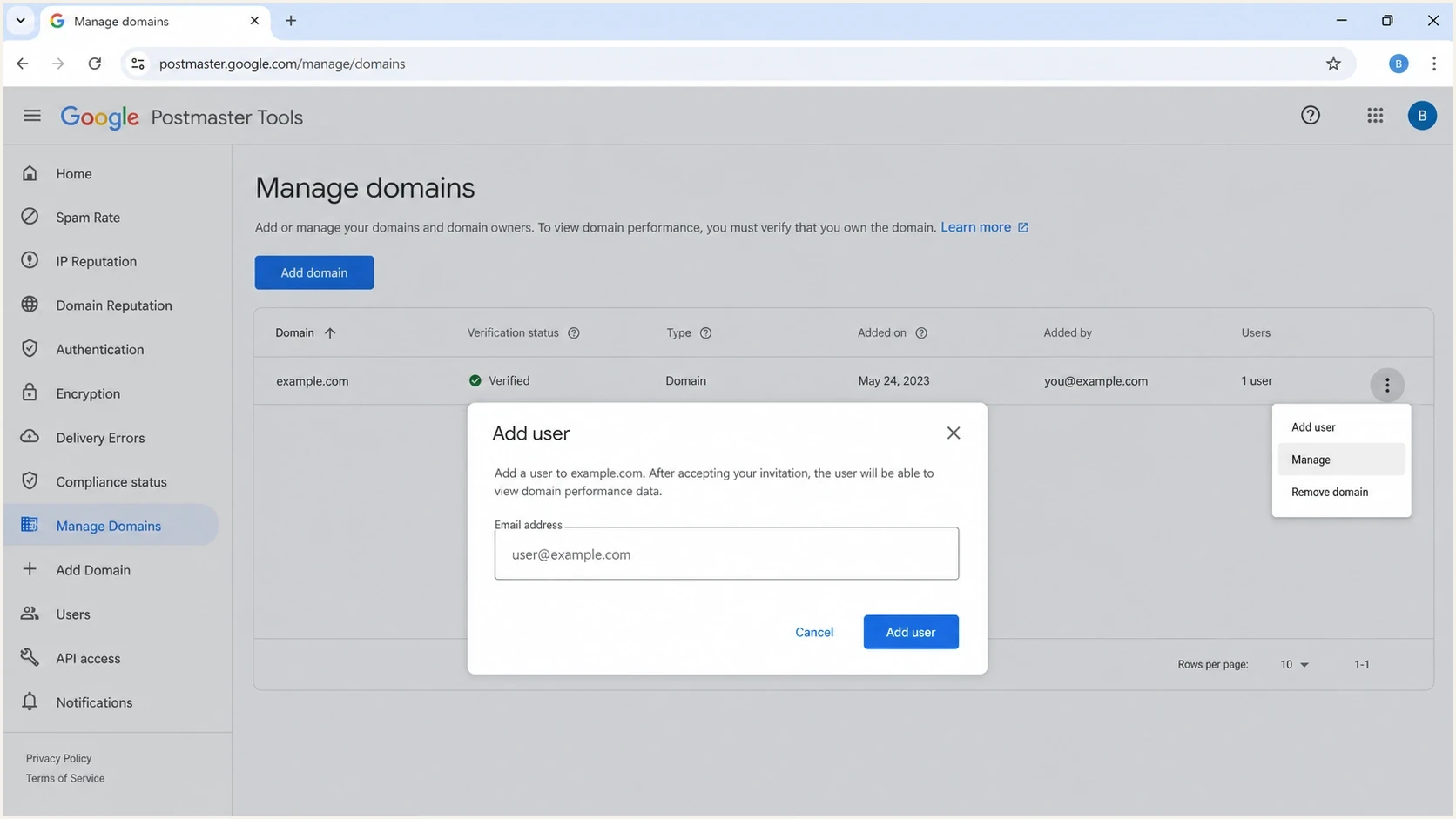 Google Postmaster Tools manage-domain screen with delegated access controls.