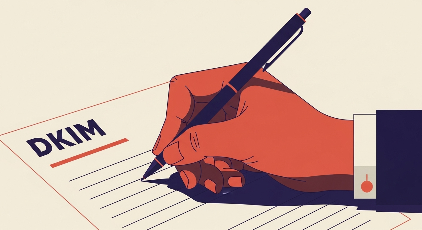 Stylized illustration of a hand writing notes on a DKIM document.