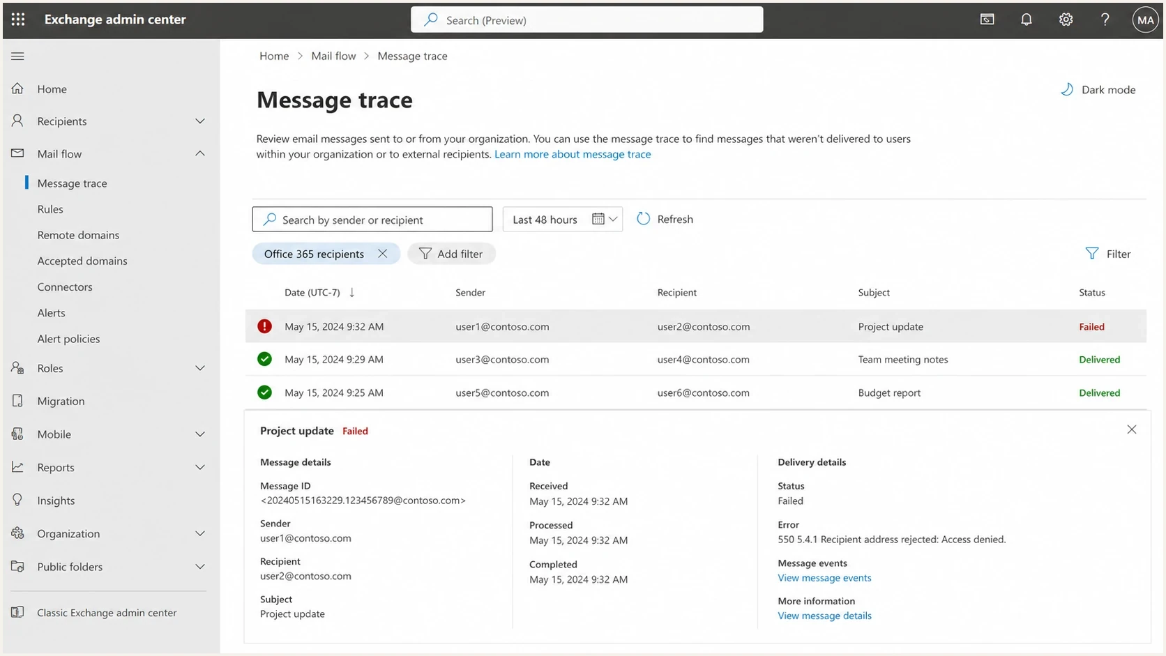 Microsoft Exchange admin center message trace showing a failed 550 5.4.1 delivery.