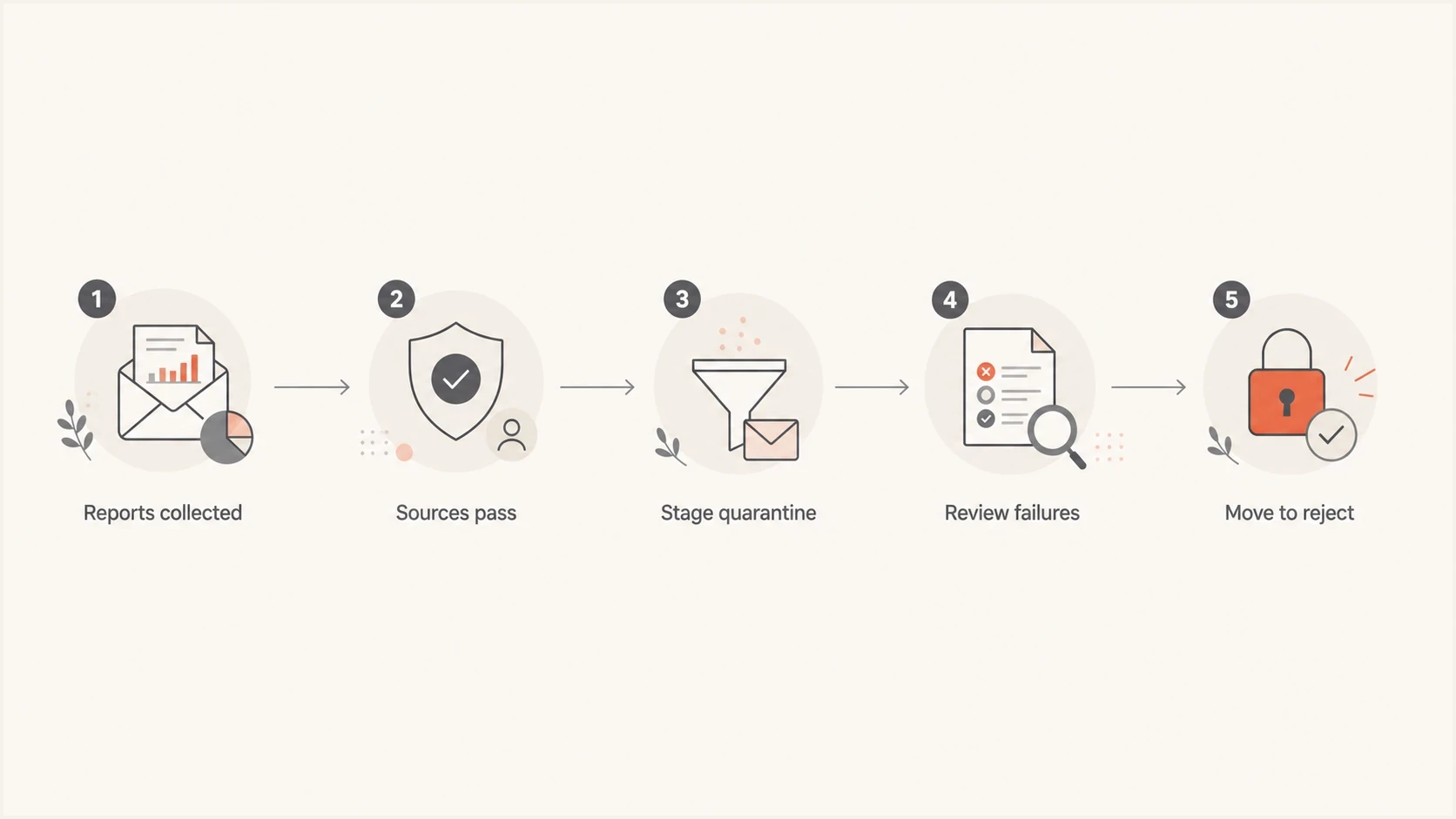 A five-step DMARC decision path from reports to reject.