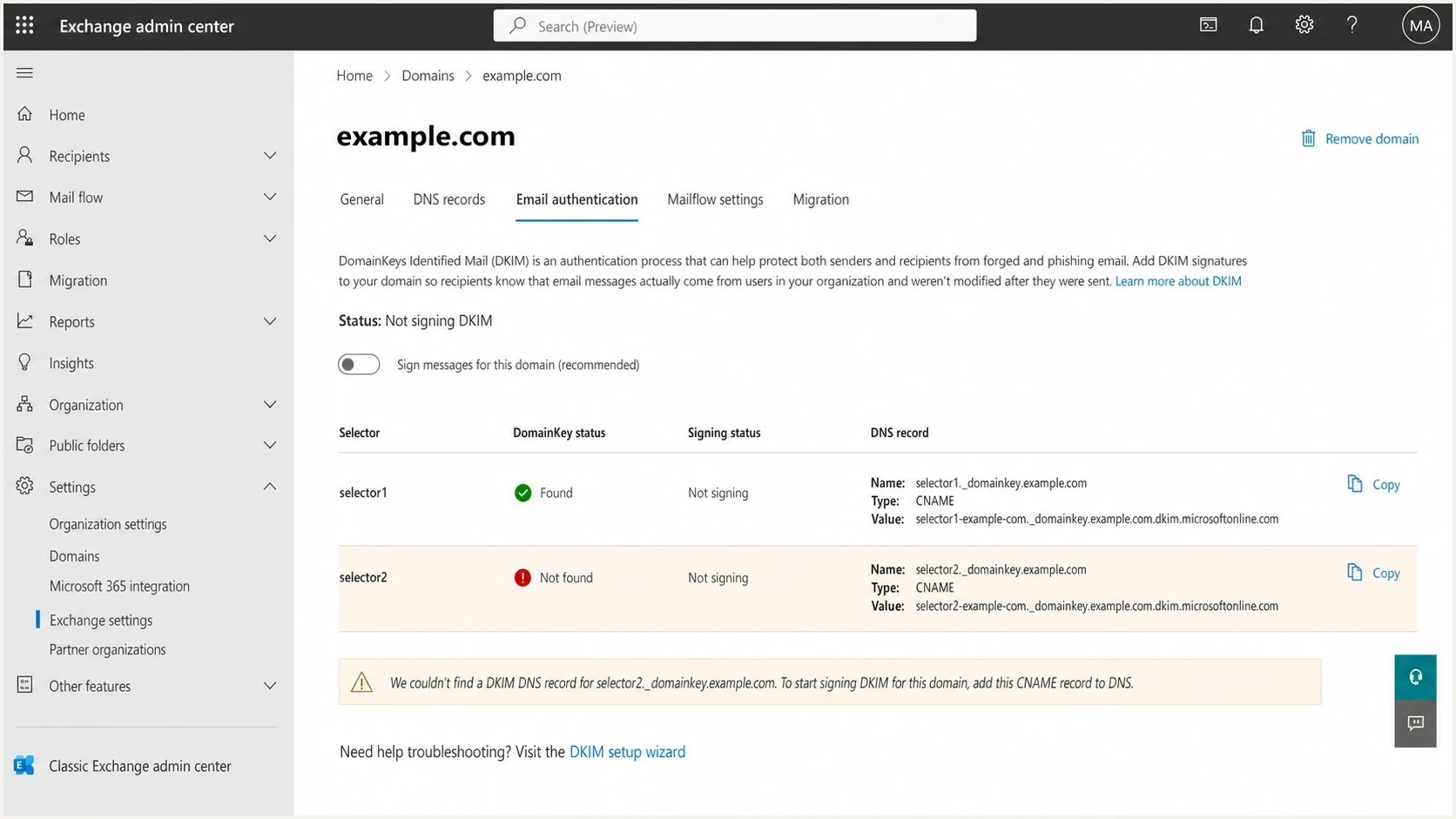 Microsoft Exchange admin center DKIM settings with selector status and CNAME guidance.