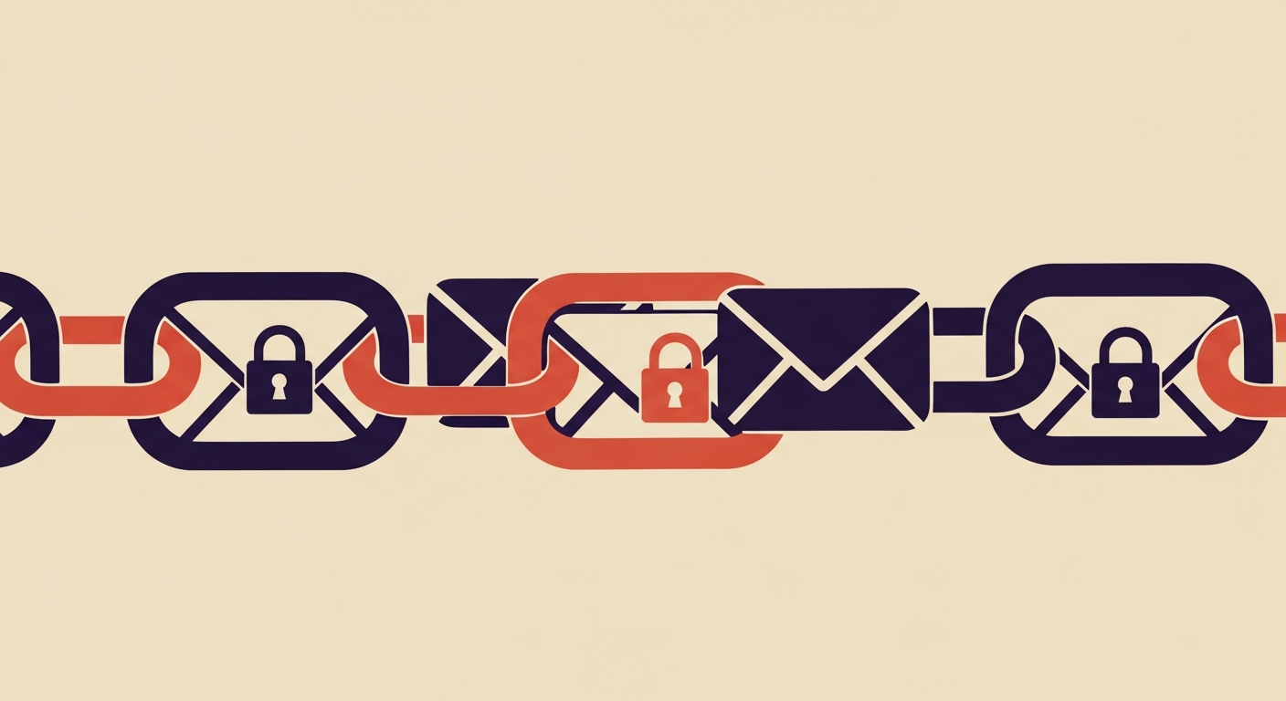 An illustration showing a chain of authenticated email links.