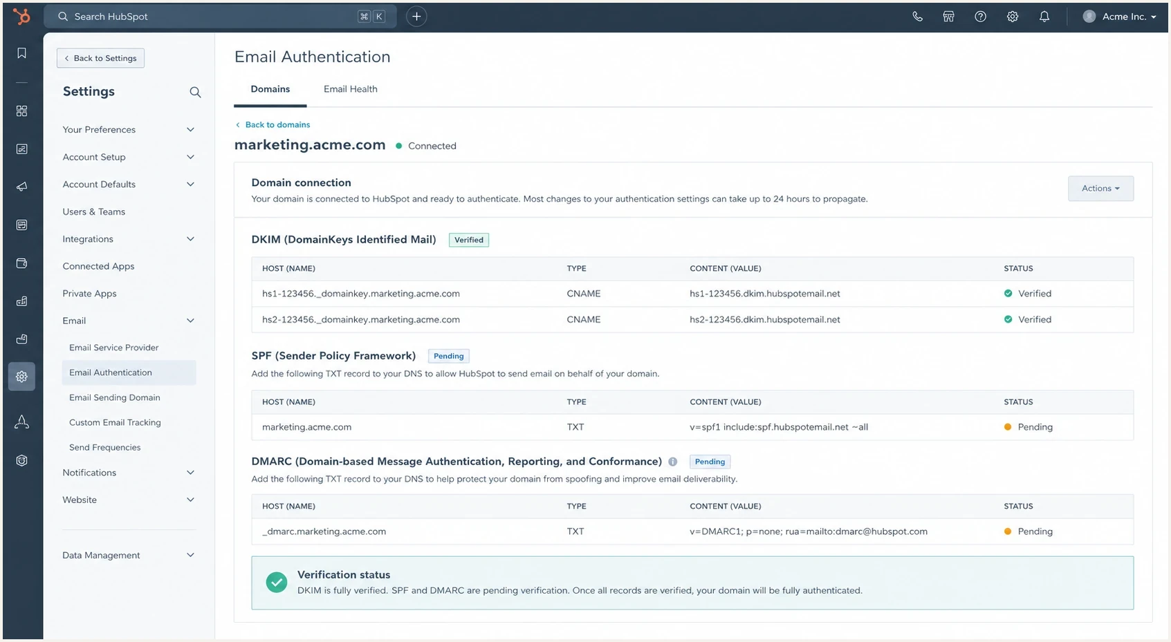 HubSpot email authentication settings with DKIM, SPF, and DMARC rows.